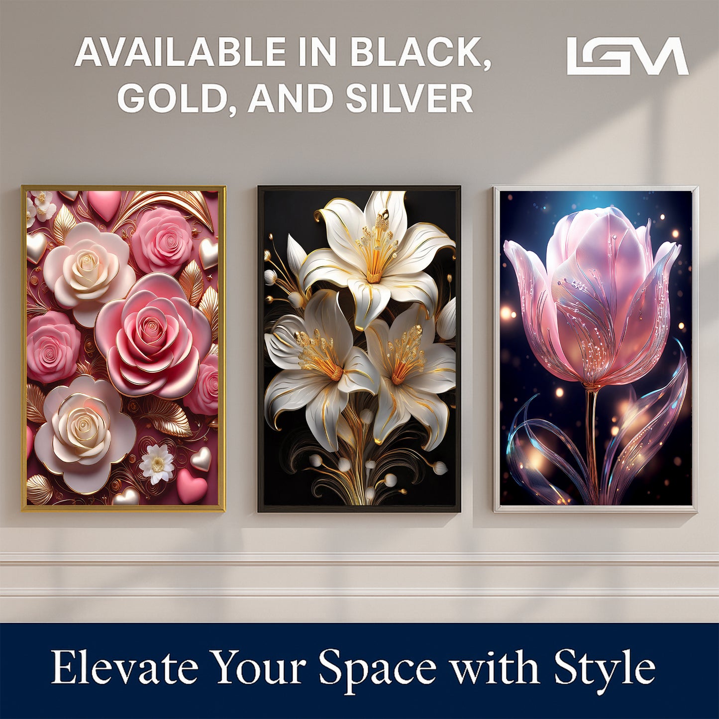 Golden & Cream Floral Metal Framed Wall Art – Elegant Botanical Design