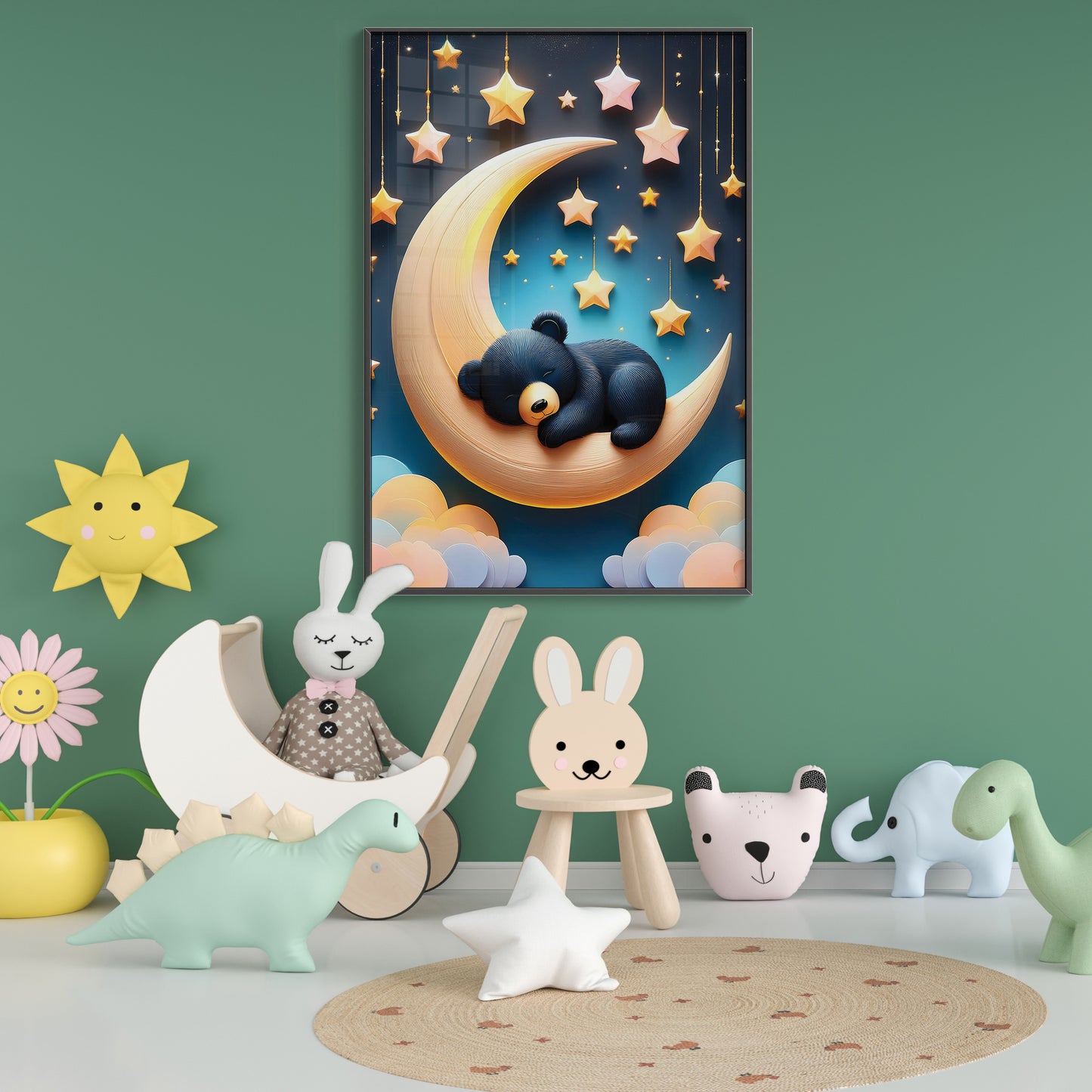 Sleeping Black Bear on Crescent Moon β Dreamy Nursery Wall Art