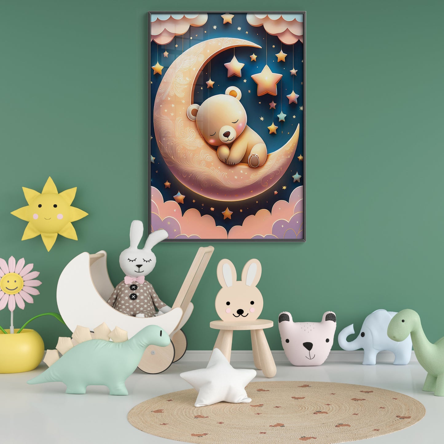 Golden Moon & Sleeping Brown Bear β Gentle Night Sky Wall Art for Nursery Decor