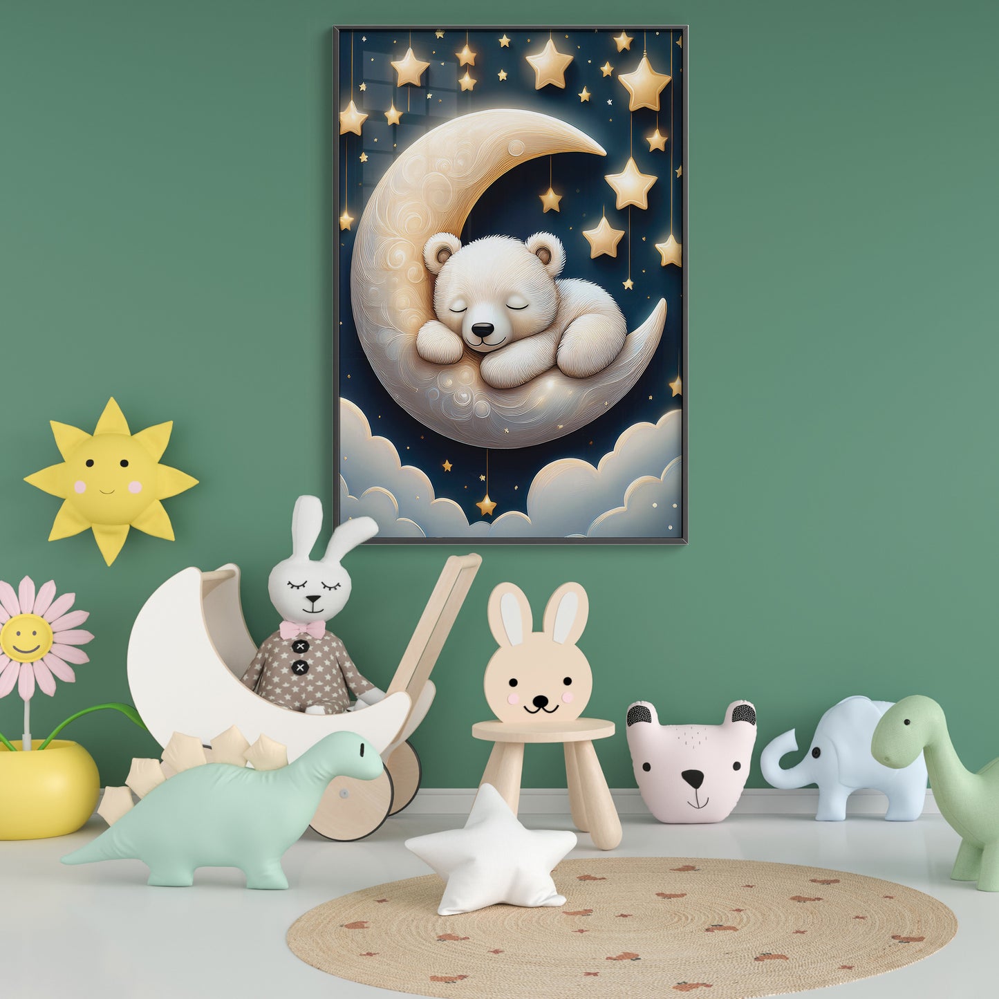 White Bear Asleep on Lunar Moon β Starry Night Nursery Wall Decor