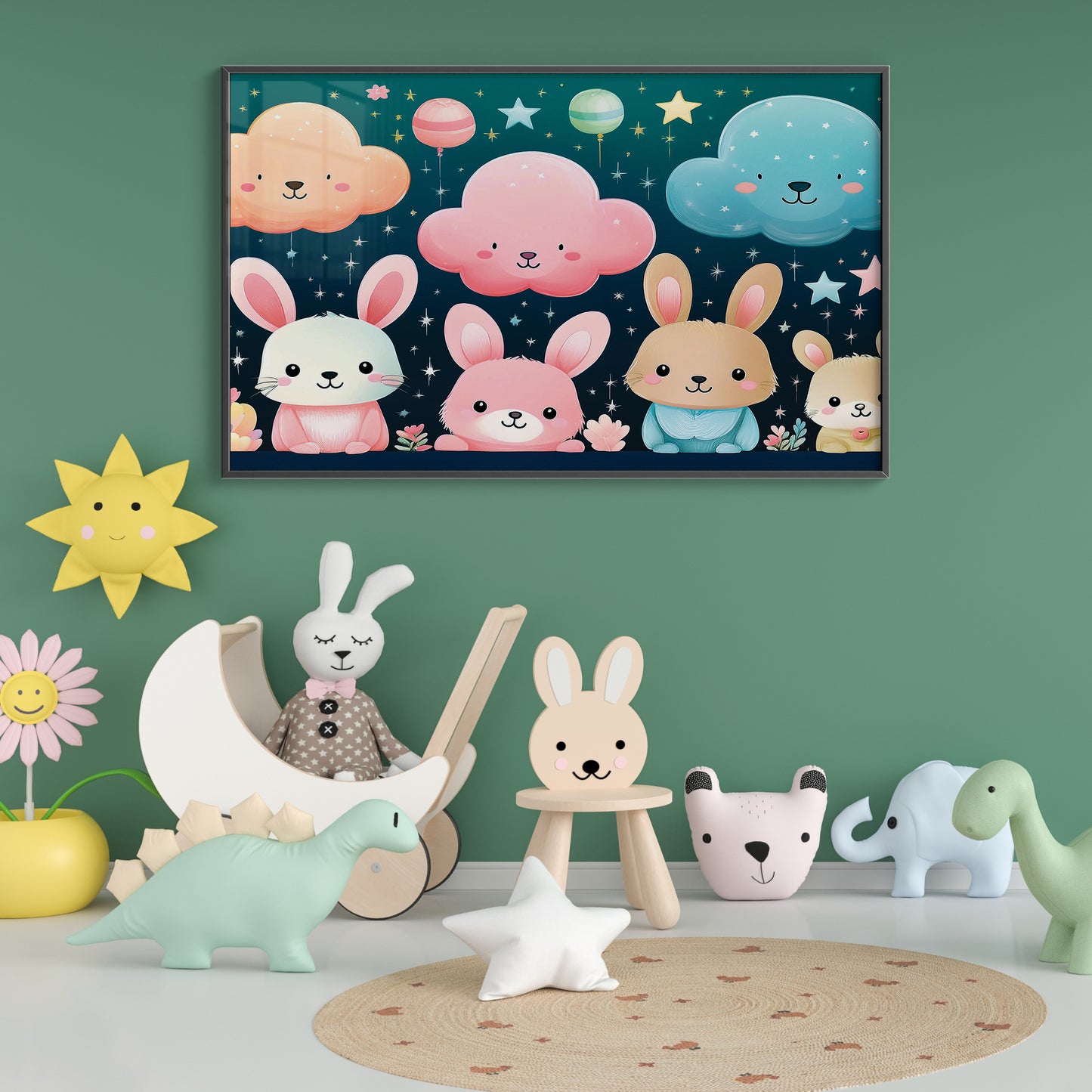 Pastel Bunny Friends and Floating Clouds – Nursery Wall Art