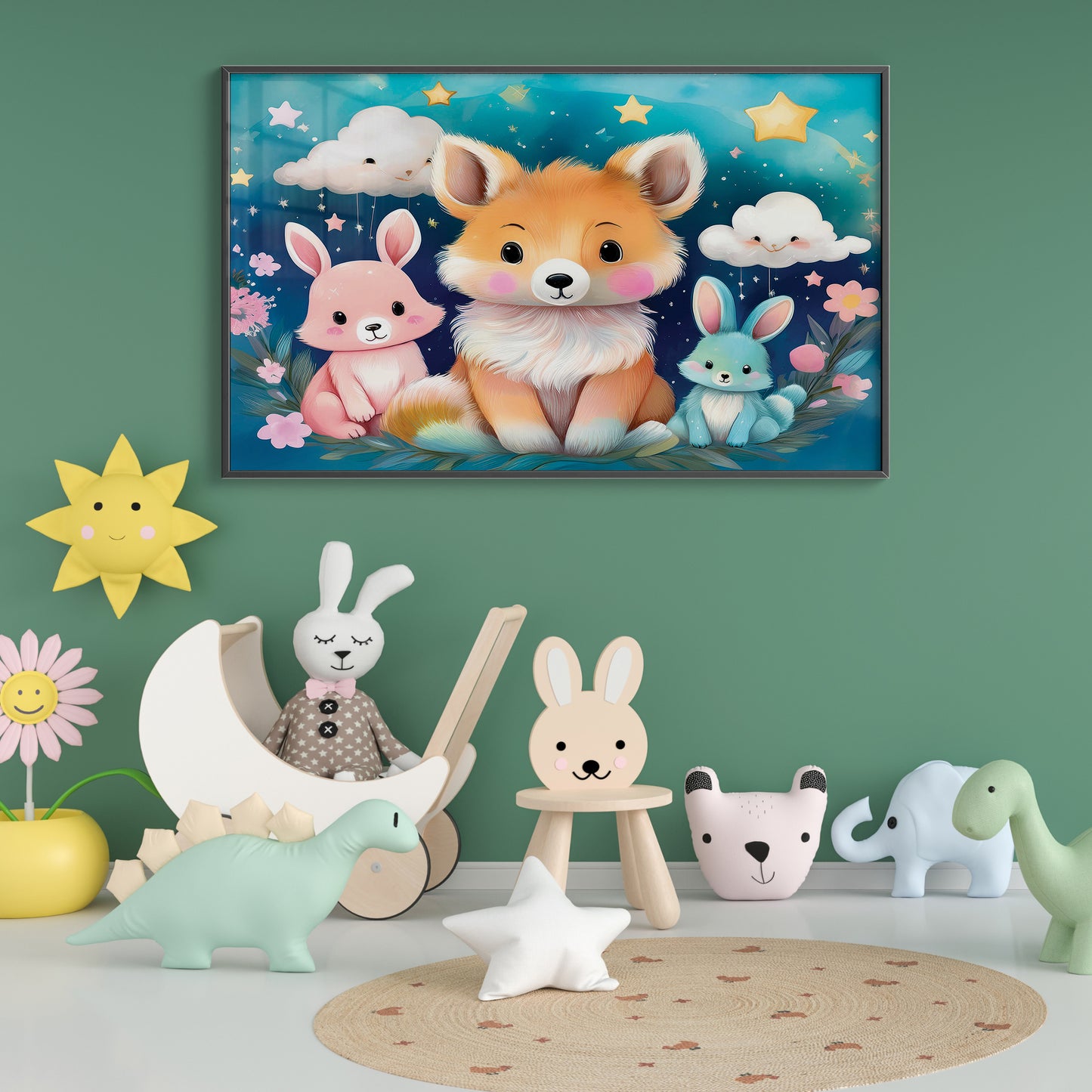 Fox & Bunny Woodland Friends Under a Starry Sky – Kids Animal Wall Art