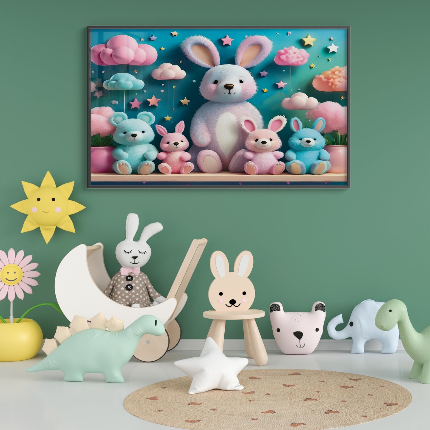 Bunny & Bear Plush Parade β 3D Pastel Nursery Wall Art