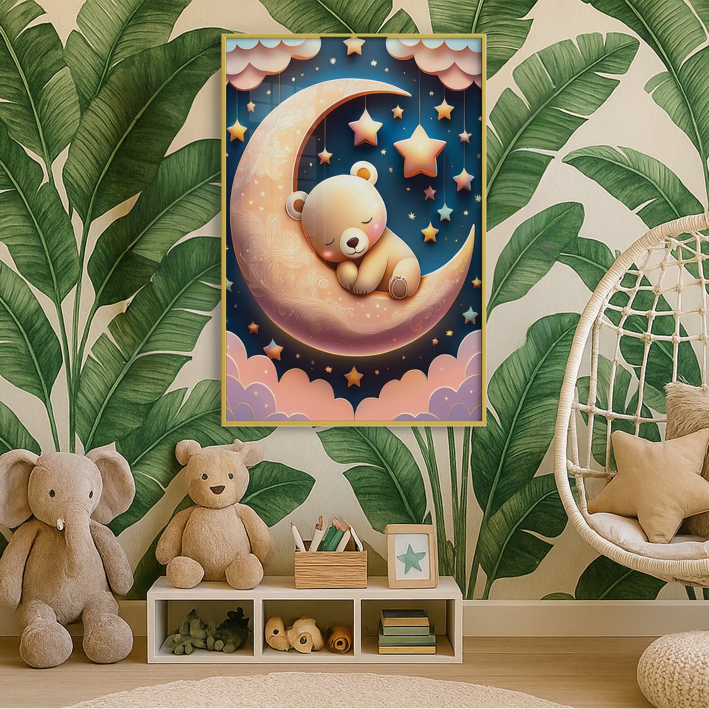 Golden Moon & Sleeping Brown Bear β Gentle Night Sky Wall Art for Nursery Decor