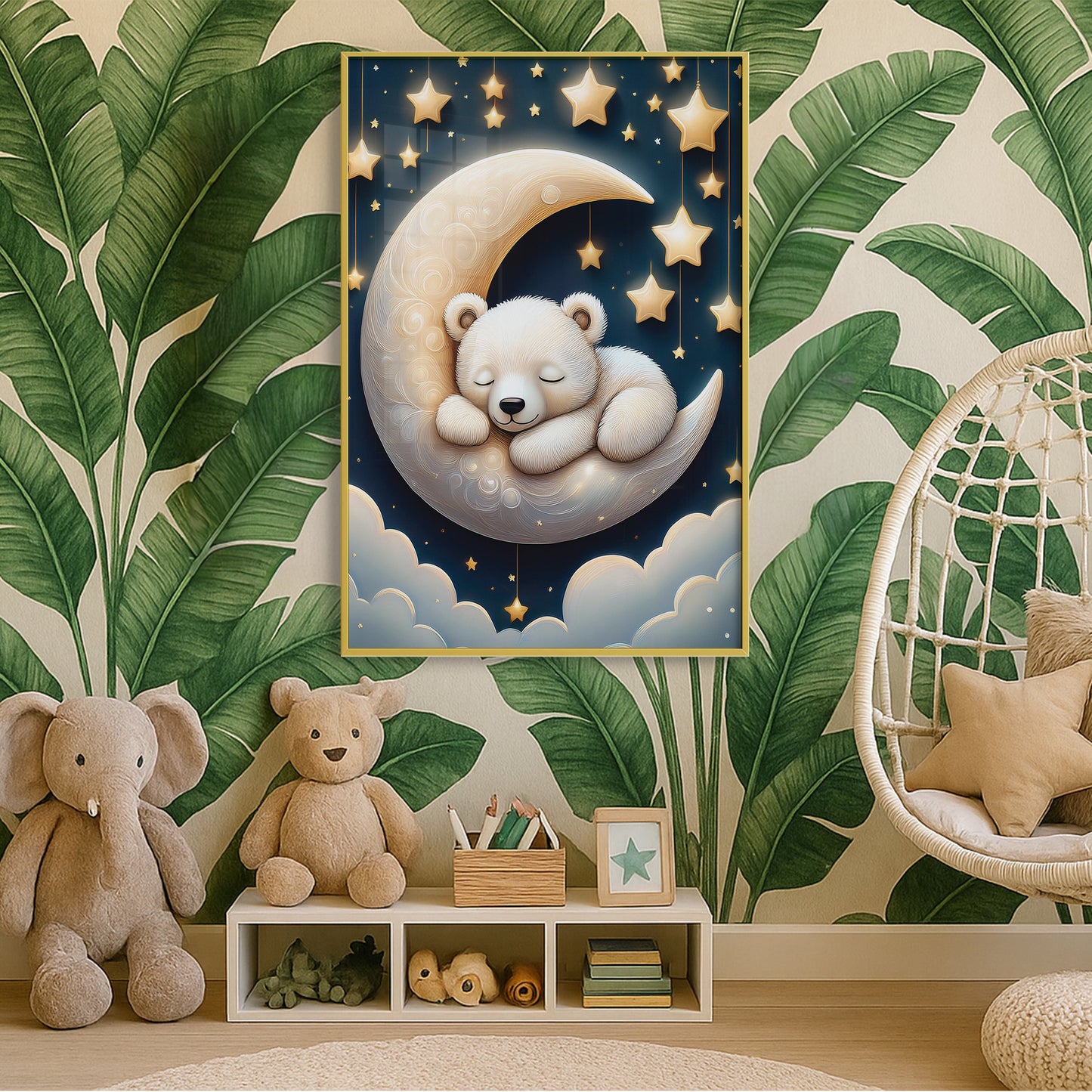 White Bear Asleep on Lunar Moon β Starry Night Nursery Wall Decor