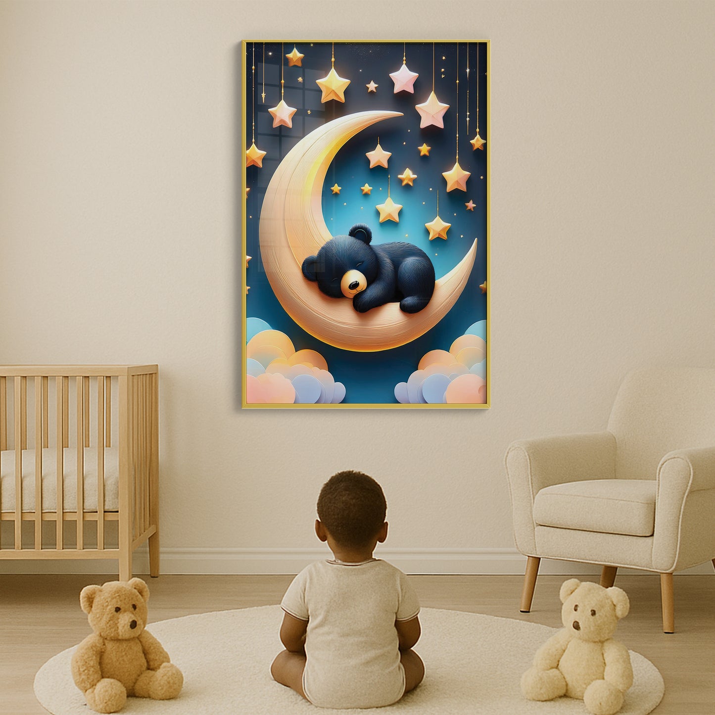 Sleeping Black Bear on Crescent Moon β Dreamy Nursery Wall Art