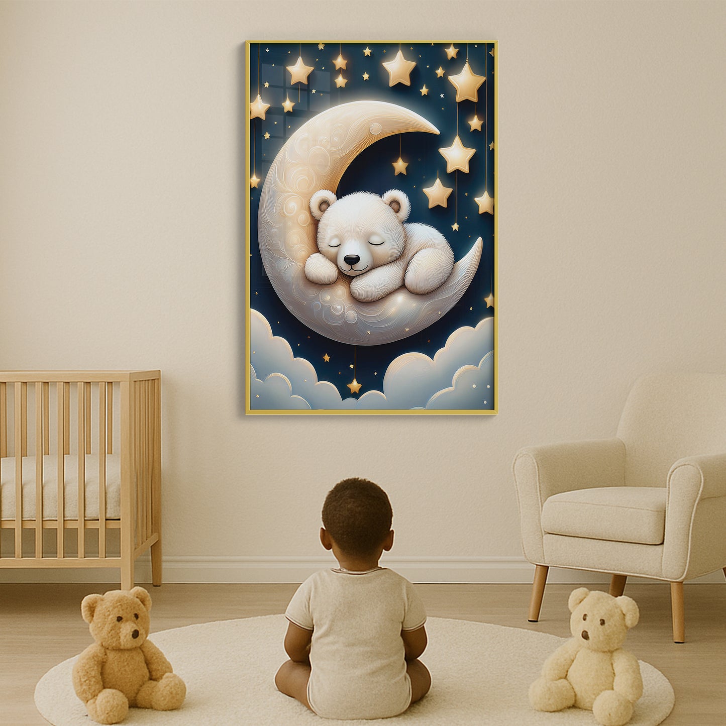 White Bear Asleep on Lunar Moon β Starry Night Nursery Wall Decor