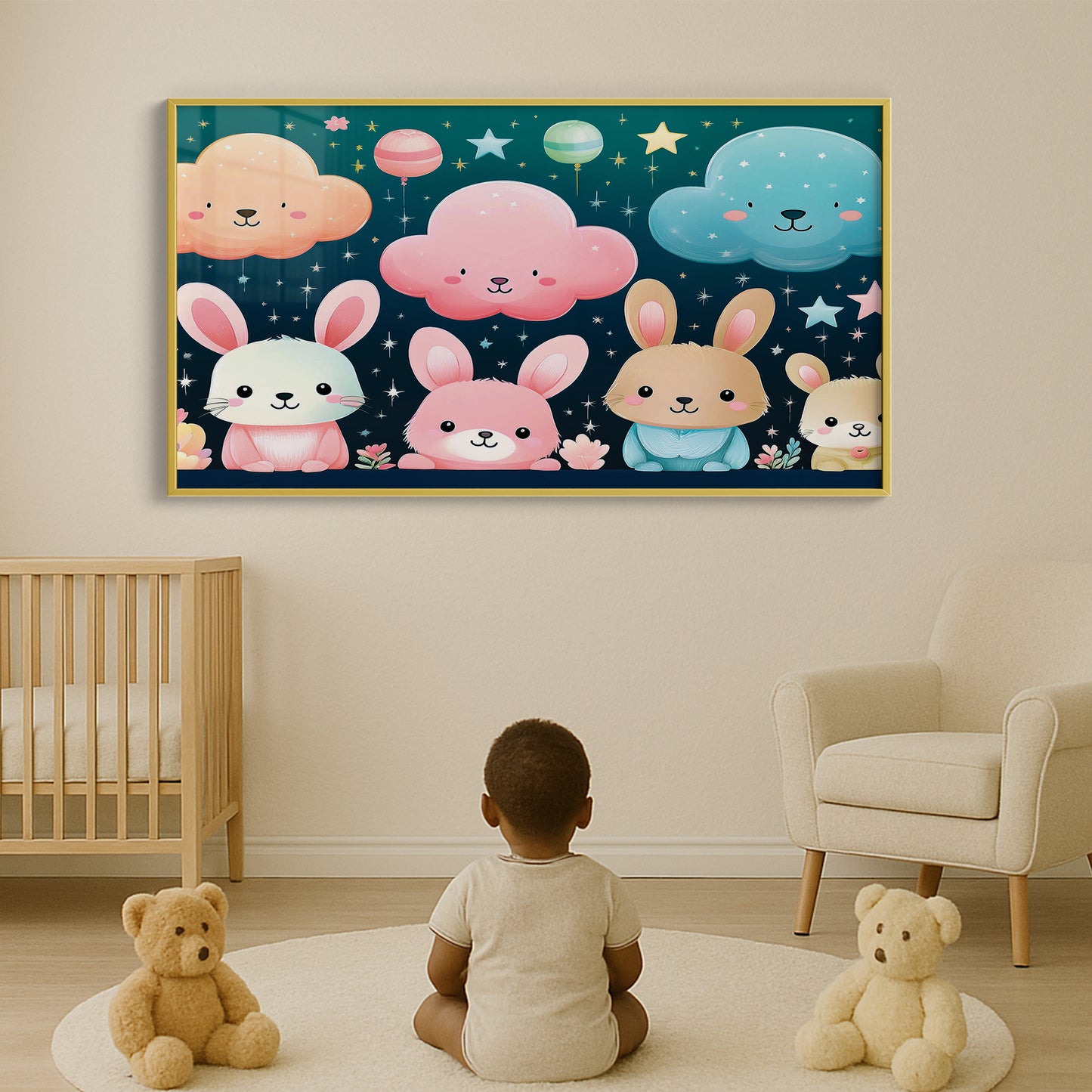 Pastel Bunny Friends and Floating Clouds – Nursery Wall Art