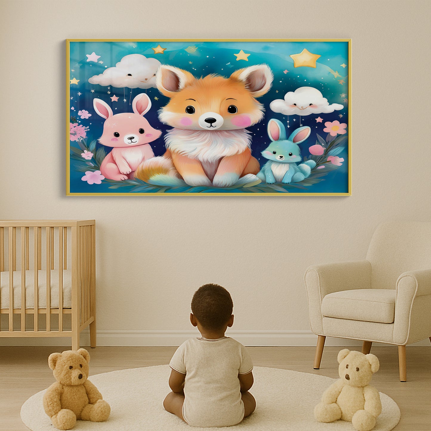 Fox & Bunny Woodland Friends Under a Starry Sky – Kids Animal Wall Art