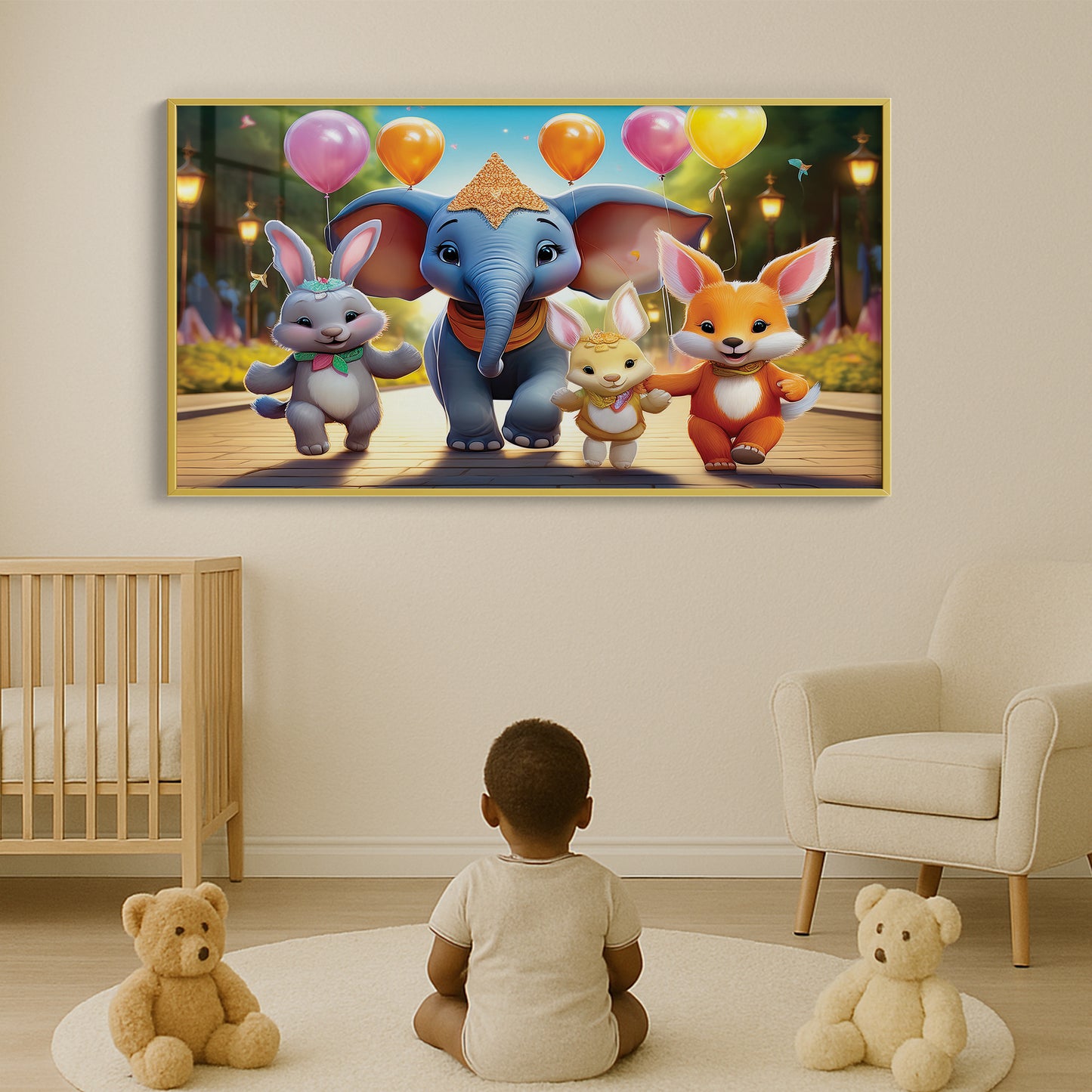 Royal Celebration – 3D-Style Elephant and Friends Wall Art
