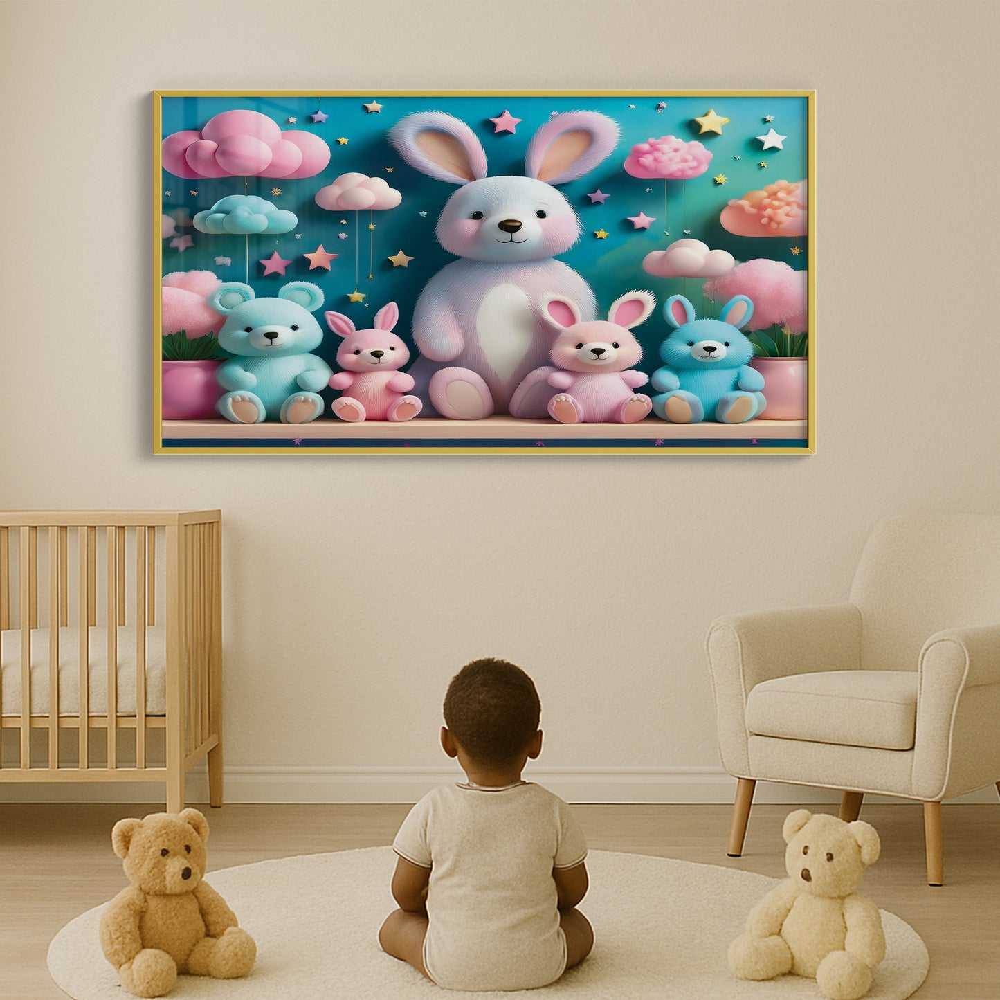 Bunny & Bear Plush Parade β 3D Pastel Nursery Wall Art