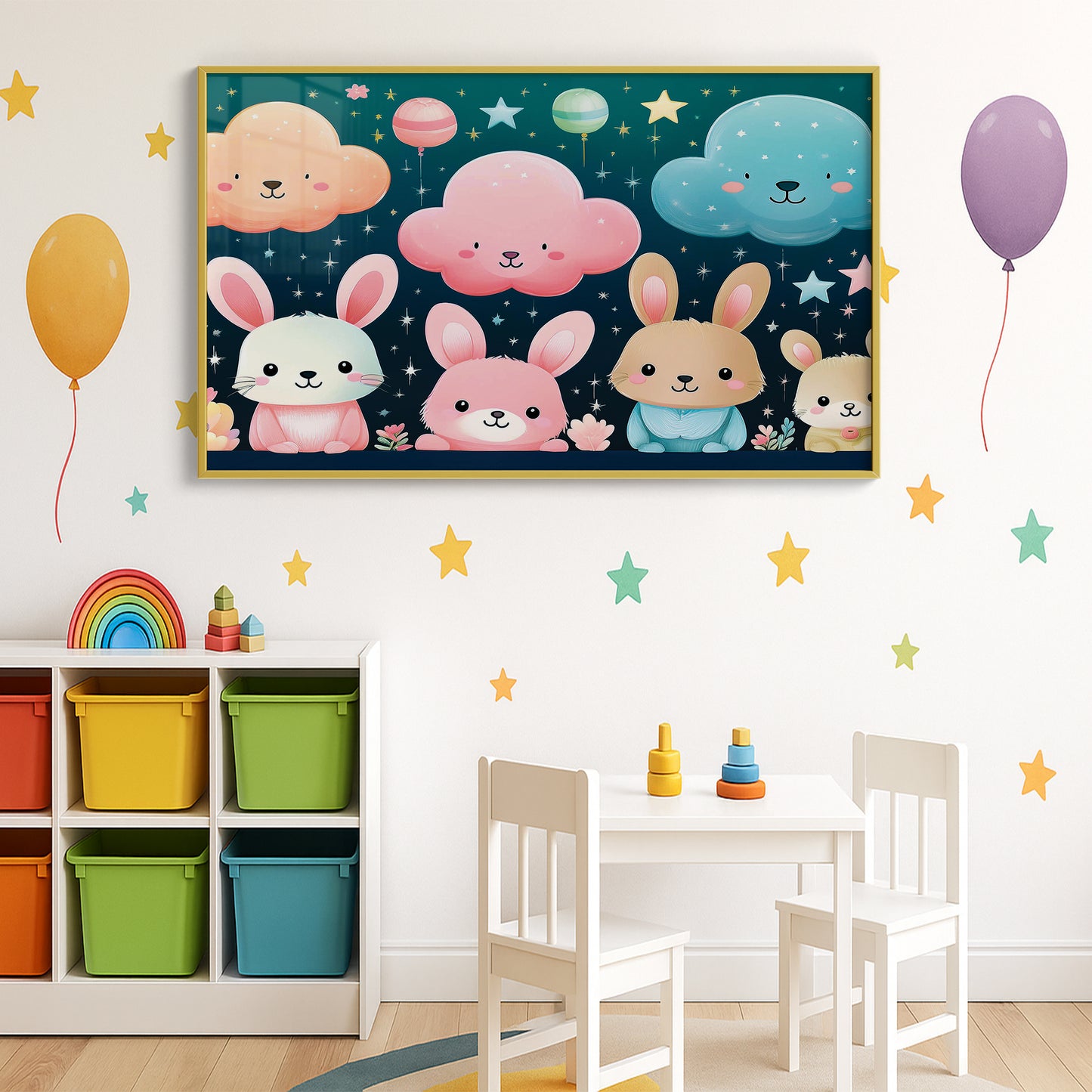 Pastel Bunny Friends and Floating Clouds – Nursery Wall Art