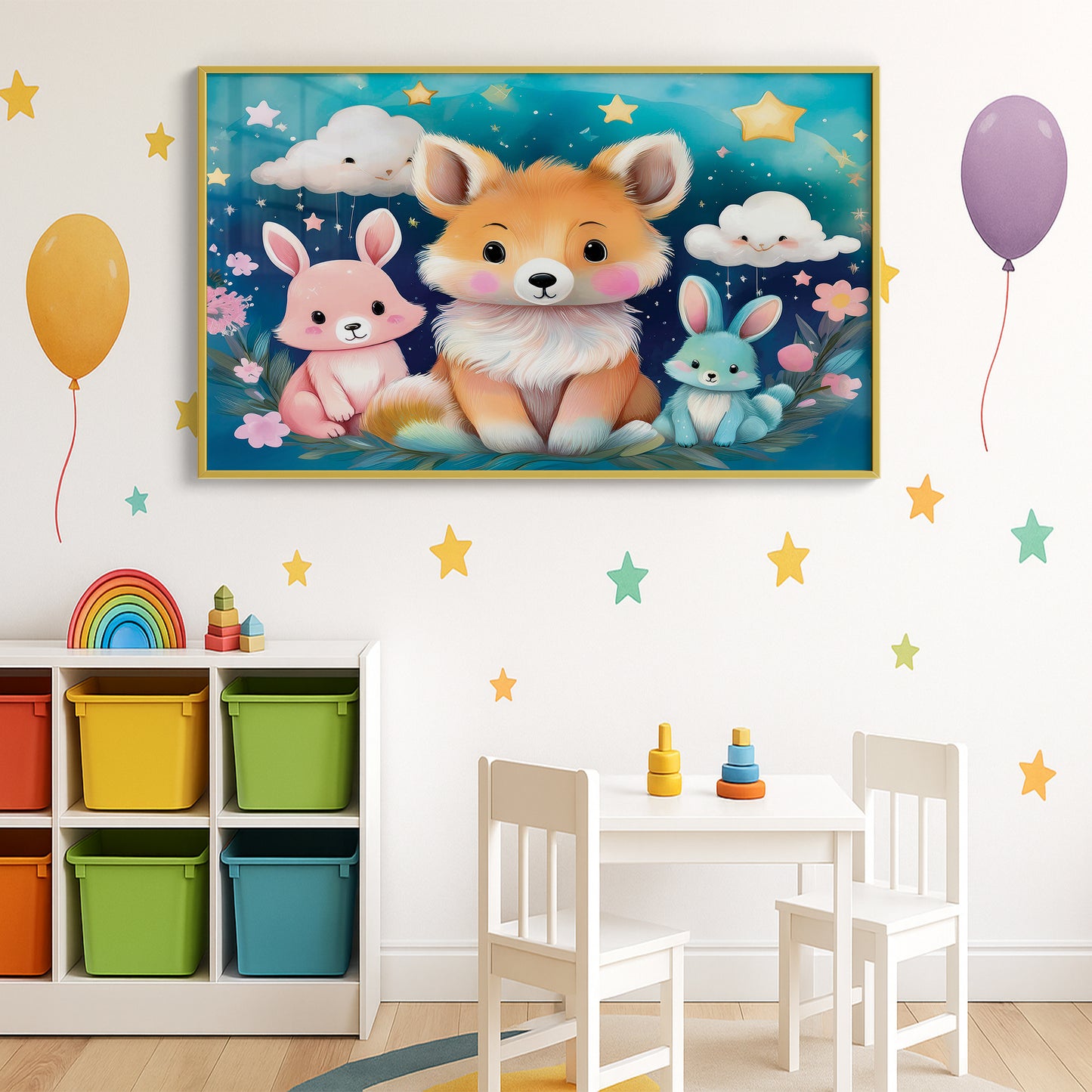 Fox & Bunny Woodland Friends Under a Starry Sky – Kids Animal Wall Art