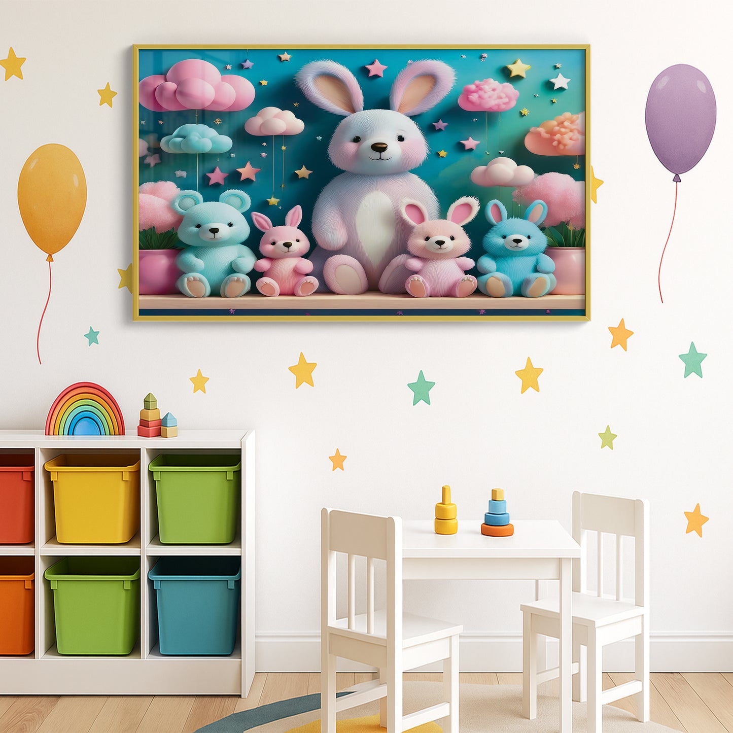 Bunny & Bear Plush Parade β 3D Pastel Nursery Wall Art