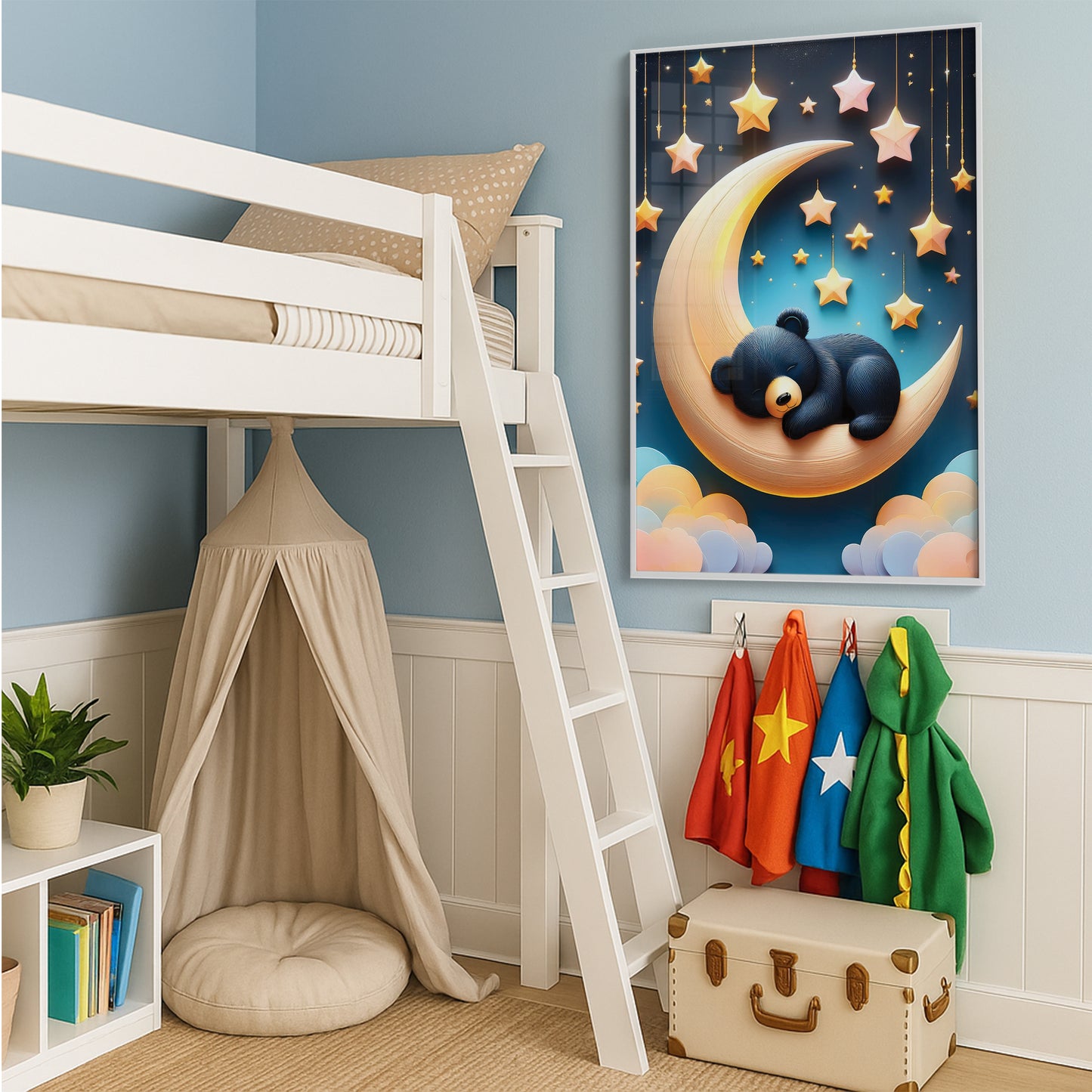 Sleeping Black Bear on Crescent Moon β Dreamy Nursery Wall Art