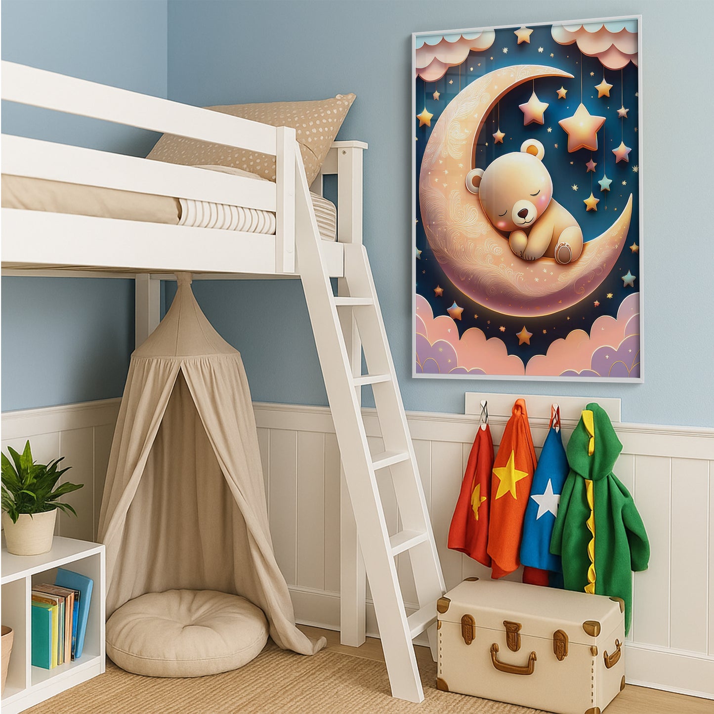 Golden Moon & Sleeping Brown Bear β Gentle Night Sky Wall Art for Nursery Decor