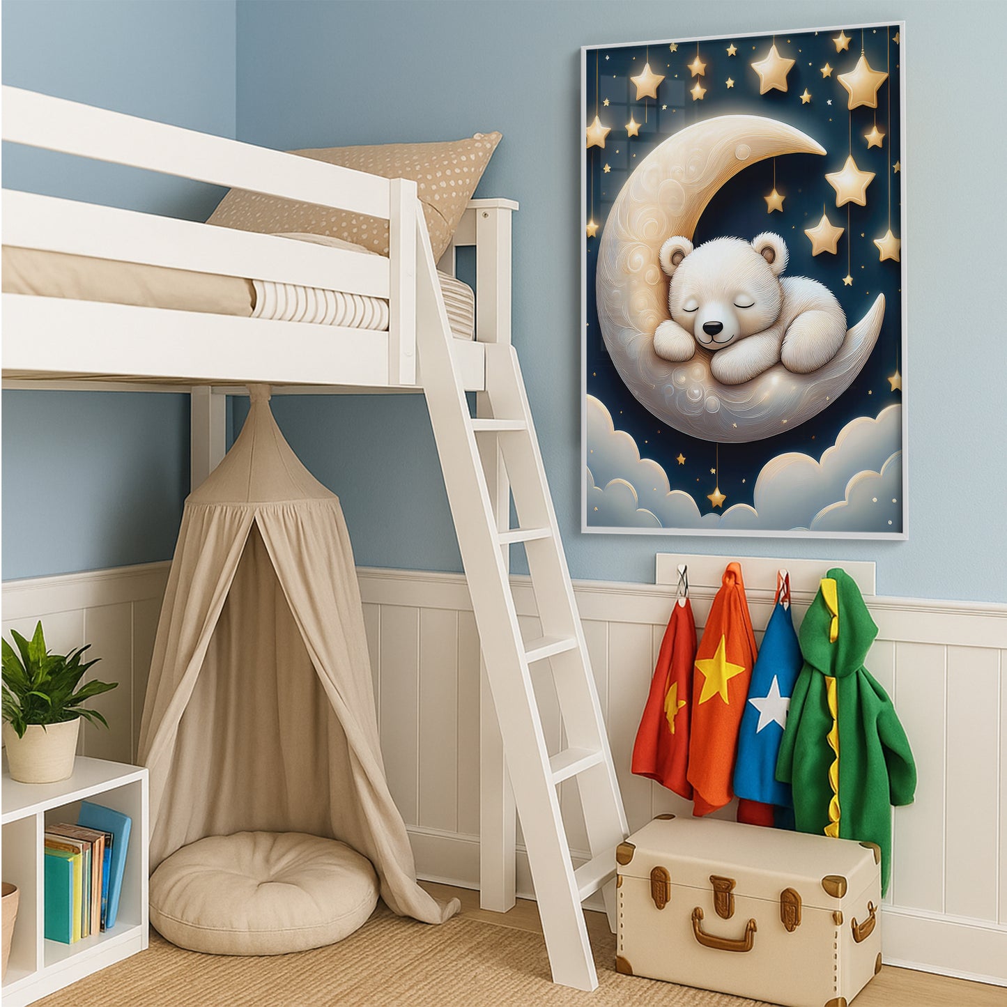 White Bear Asleep on Lunar Moon β Starry Night Nursery Wall Decor