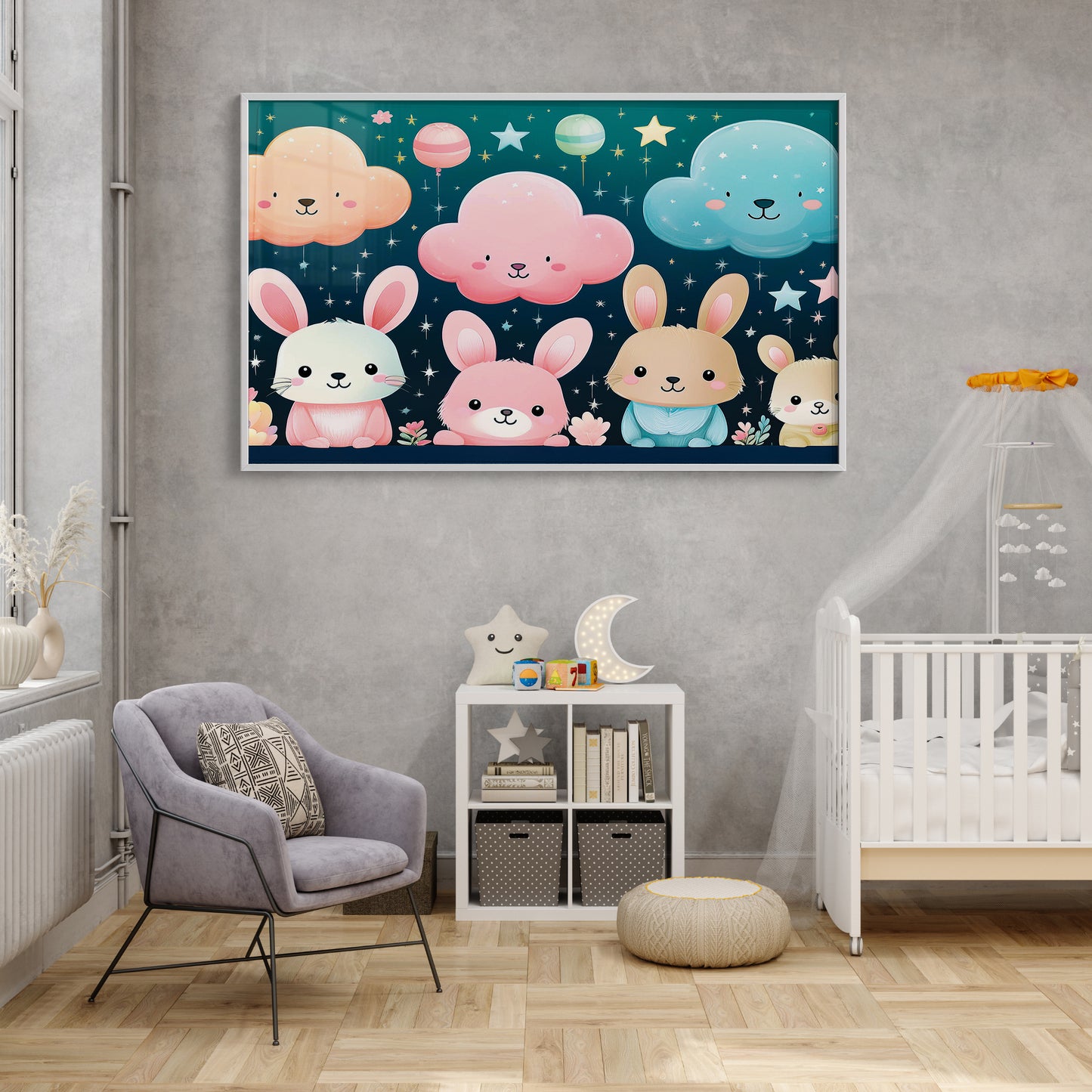 Pastel Bunny Friends and Floating Clouds – Nursery Wall Art