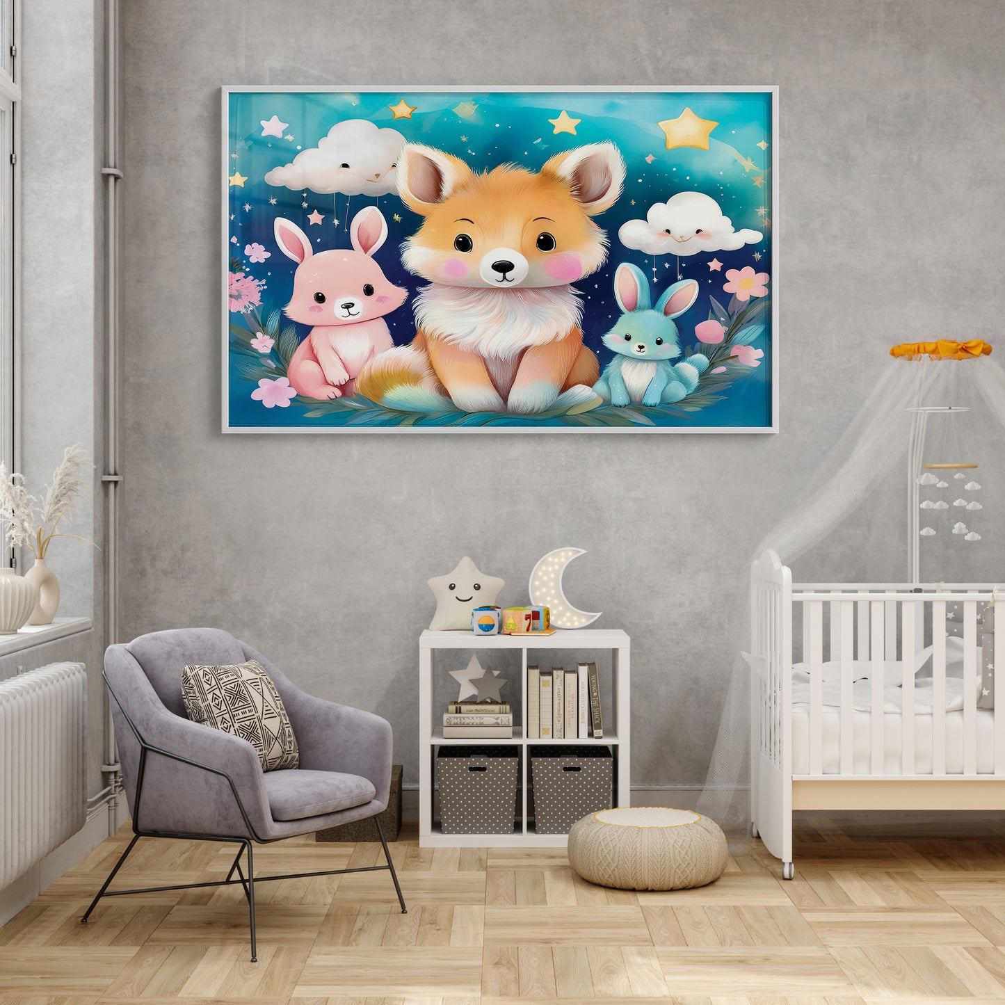 Fox & Bunny Woodland Friends Under a Starry Sky – Kids Animal Wall Art