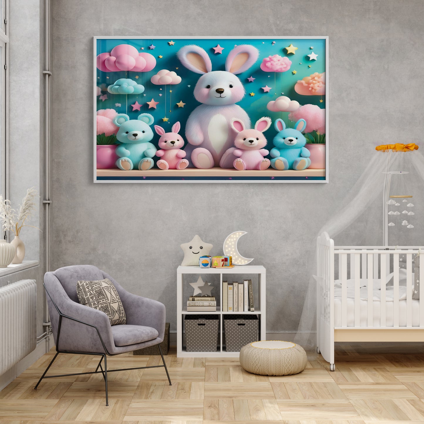Bunny & Bear Plush Parade β 3D Pastel Nursery Wall Art