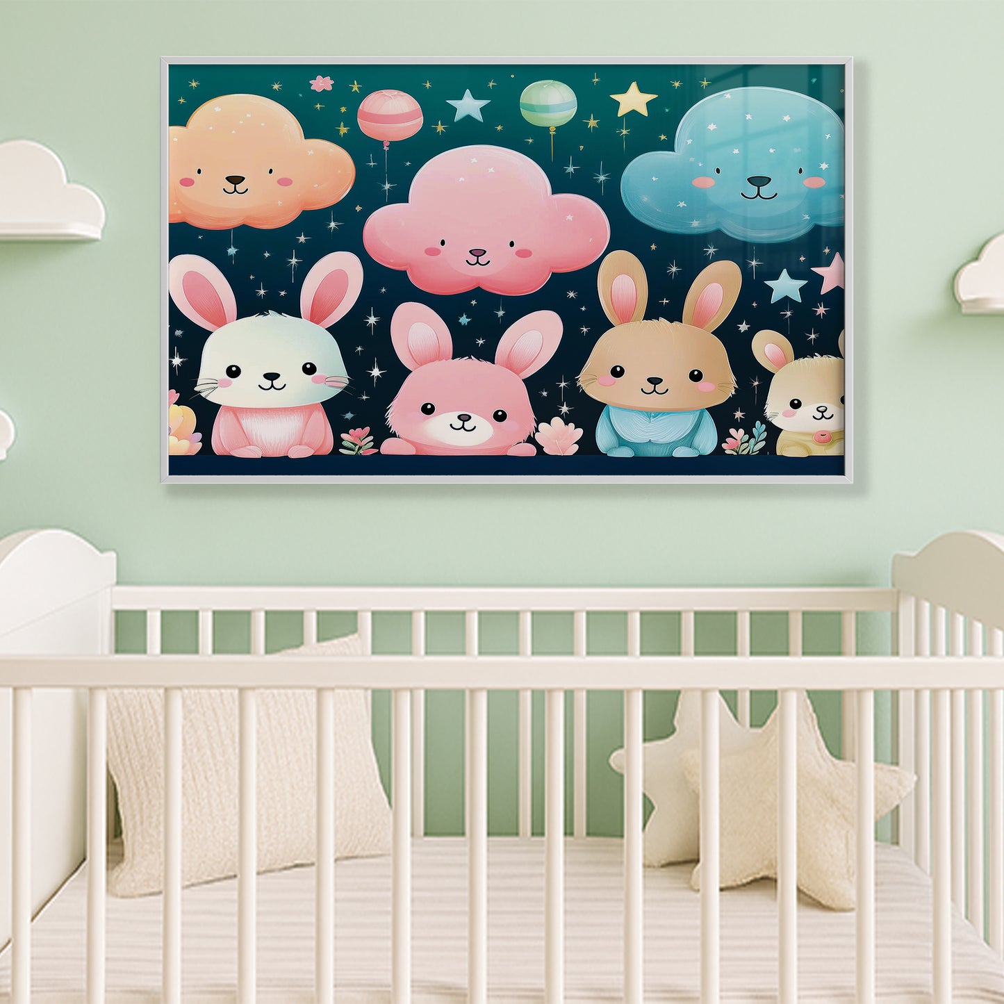 Pastel Bunny Friends and Floating Clouds – Nursery Wall Art