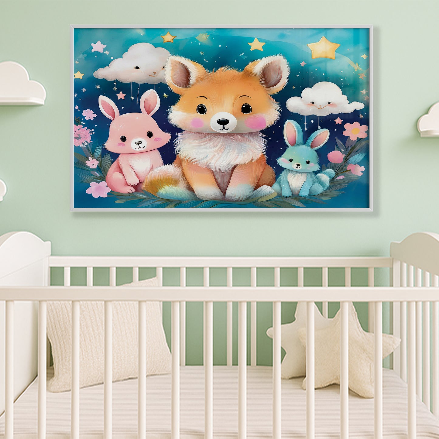 Fox & Bunny Woodland Friends Under a Starry Sky – Kids Animal Wall Art