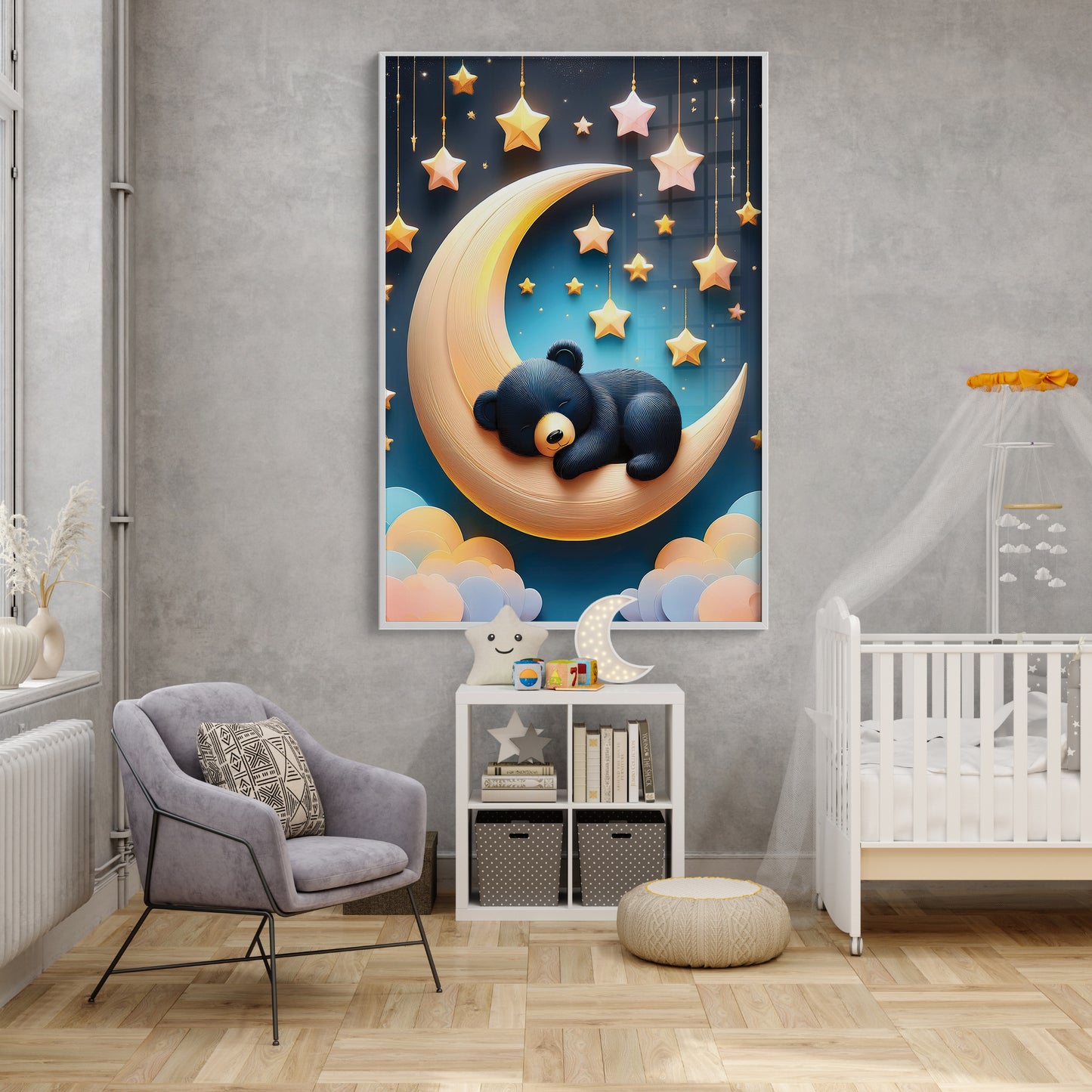 Sleeping Black Bear on Crescent Moon β Dreamy Nursery Wall Art