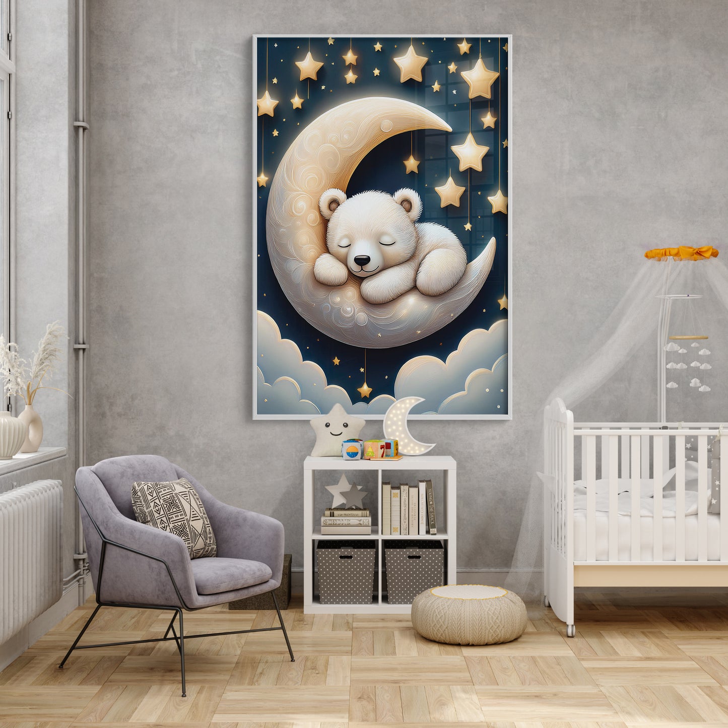 White Bear Asleep on Lunar Moon β Starry Night Nursery Wall Decor