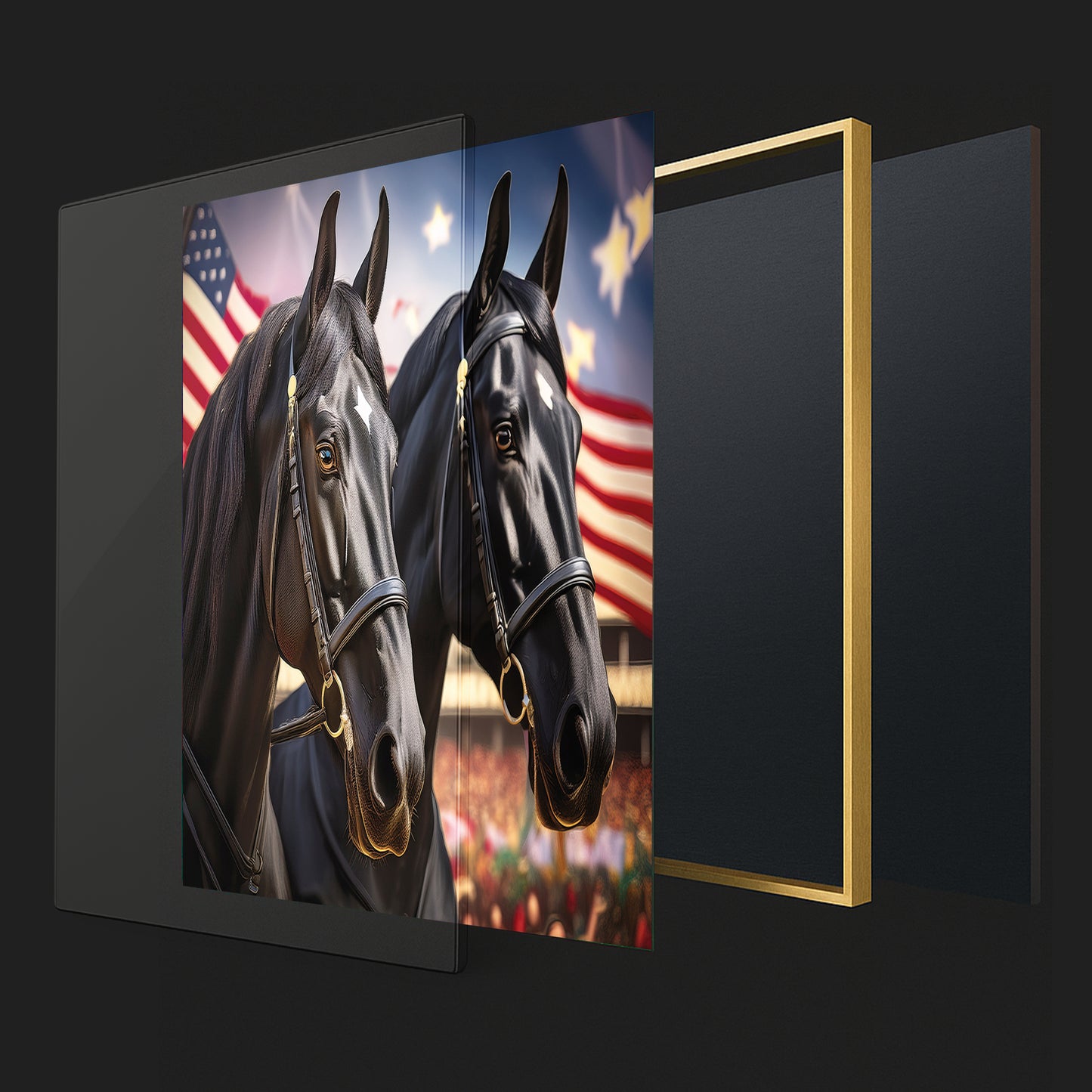 American Pride – Black Percheron Draft Duo with Flags