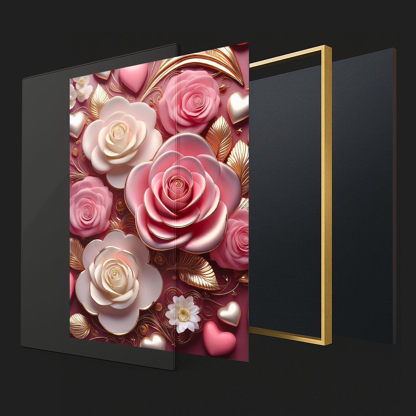 Romantic Pink & White Rose Metal Framed Wall Art – Luxury Floral Design
