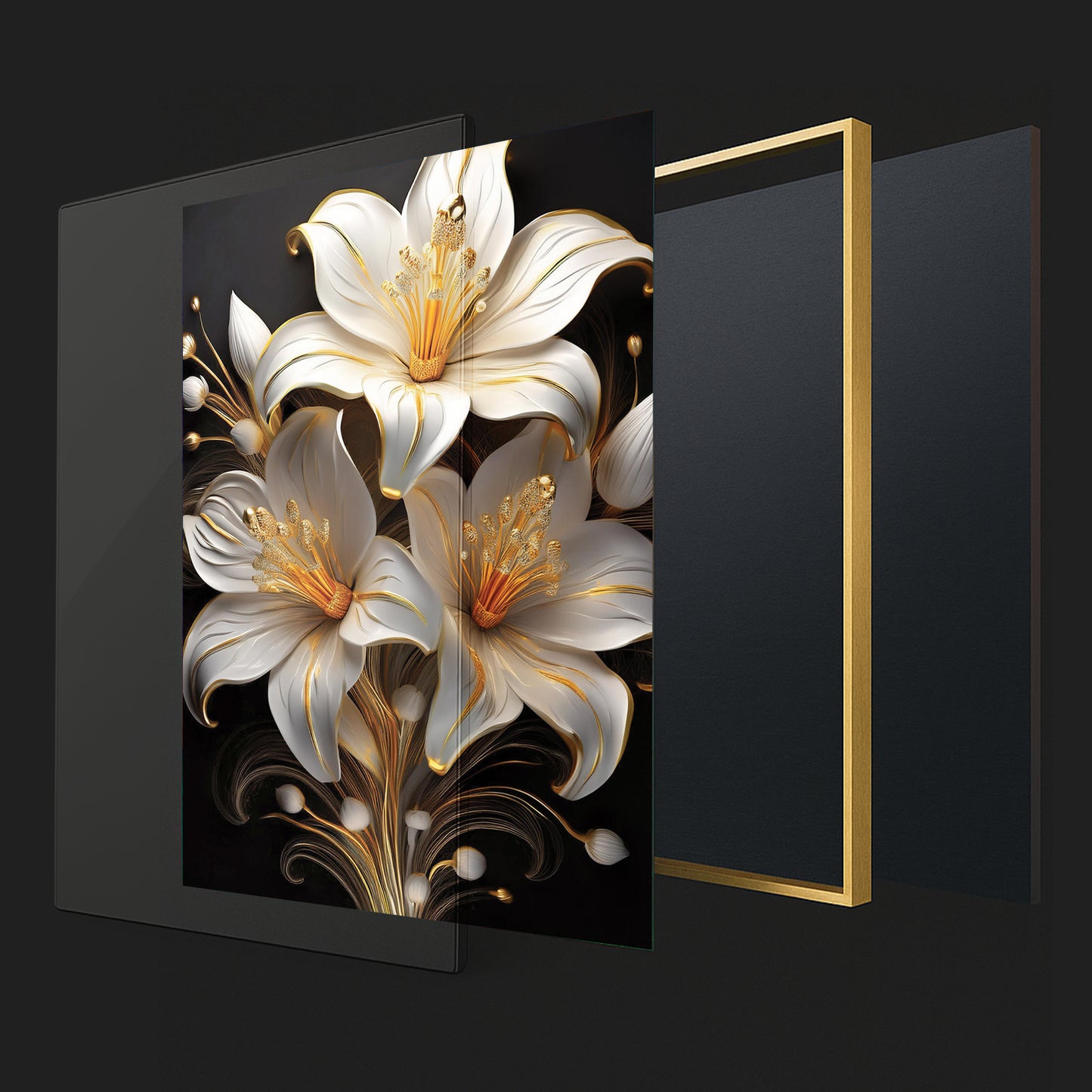 Elegant White & Gold Lily Metal Framed Wall Art – Modern Floral Luxury