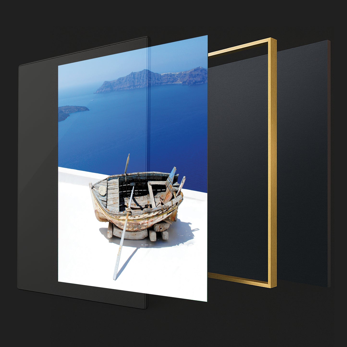 Aged Boat Overlooking Santorini Coast β Mediterranean Minimalist Wall Art Print