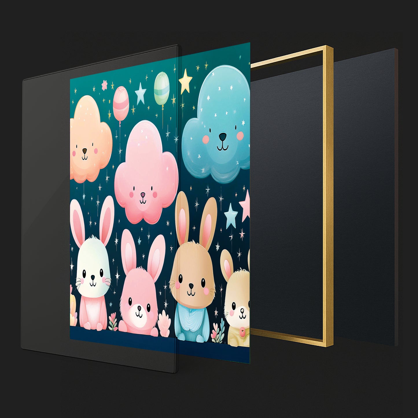Pastel Bunny Friends and Floating Clouds β Nursery Wall Art