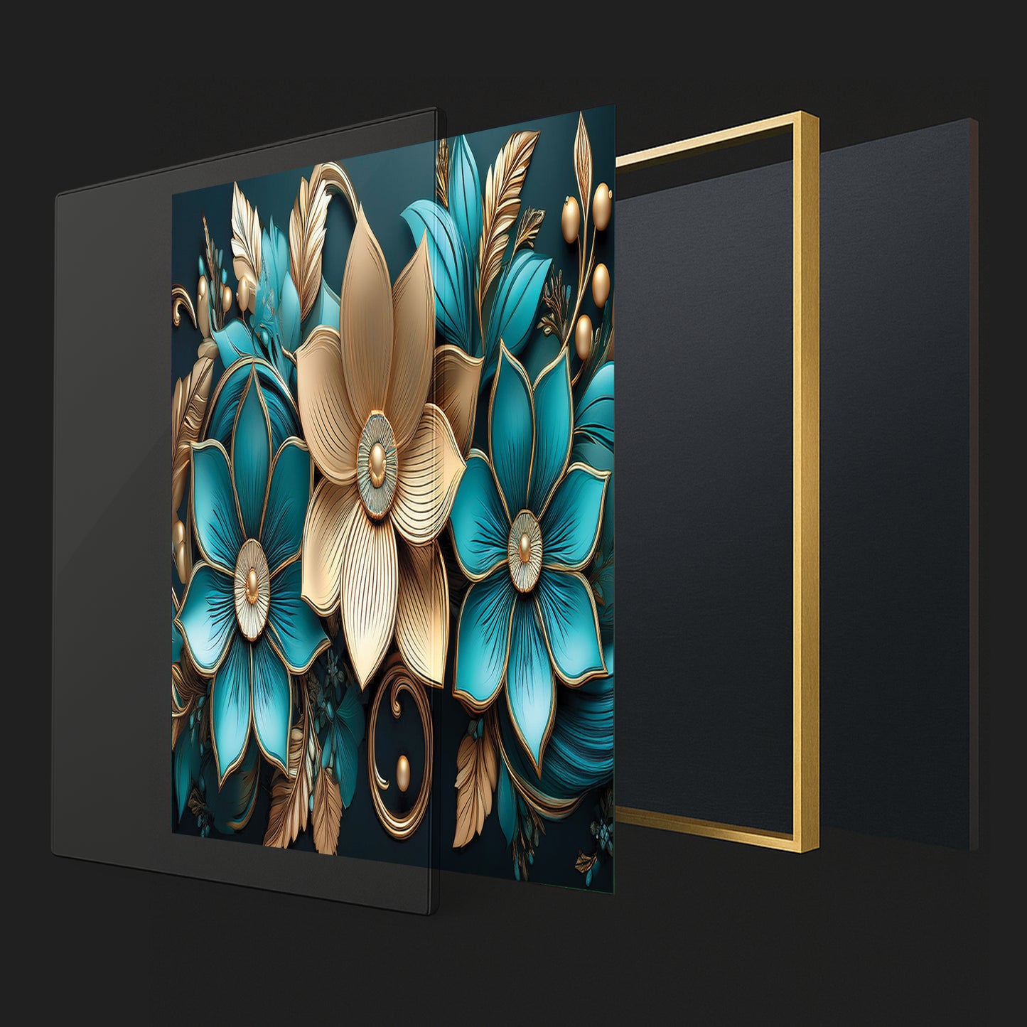 Luxury Blue & Gold Floral Metal Framed Wall Art – Elegant Botanical Design