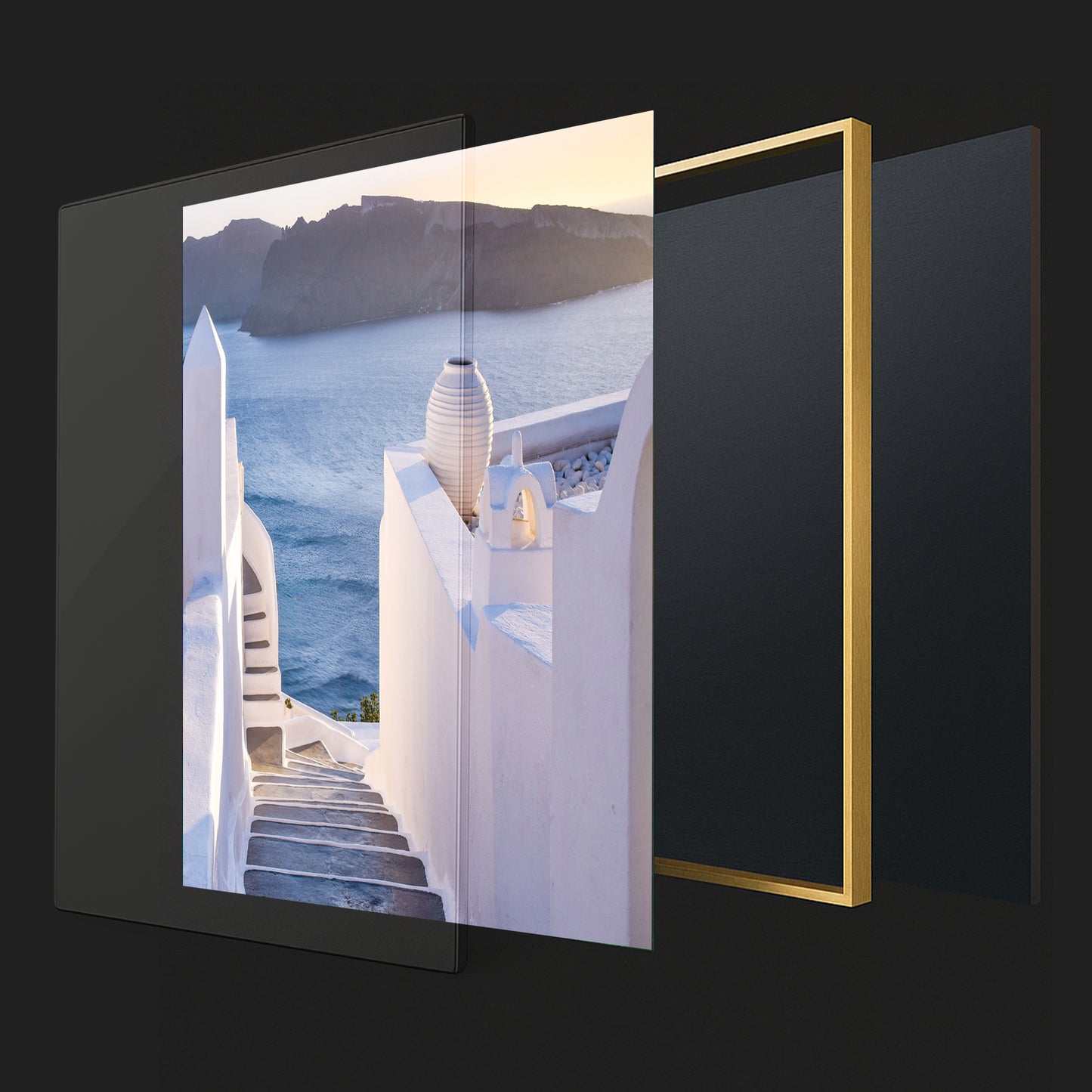 Elegant Staircase in Santorini β Sunset View Over Aegean Horizon