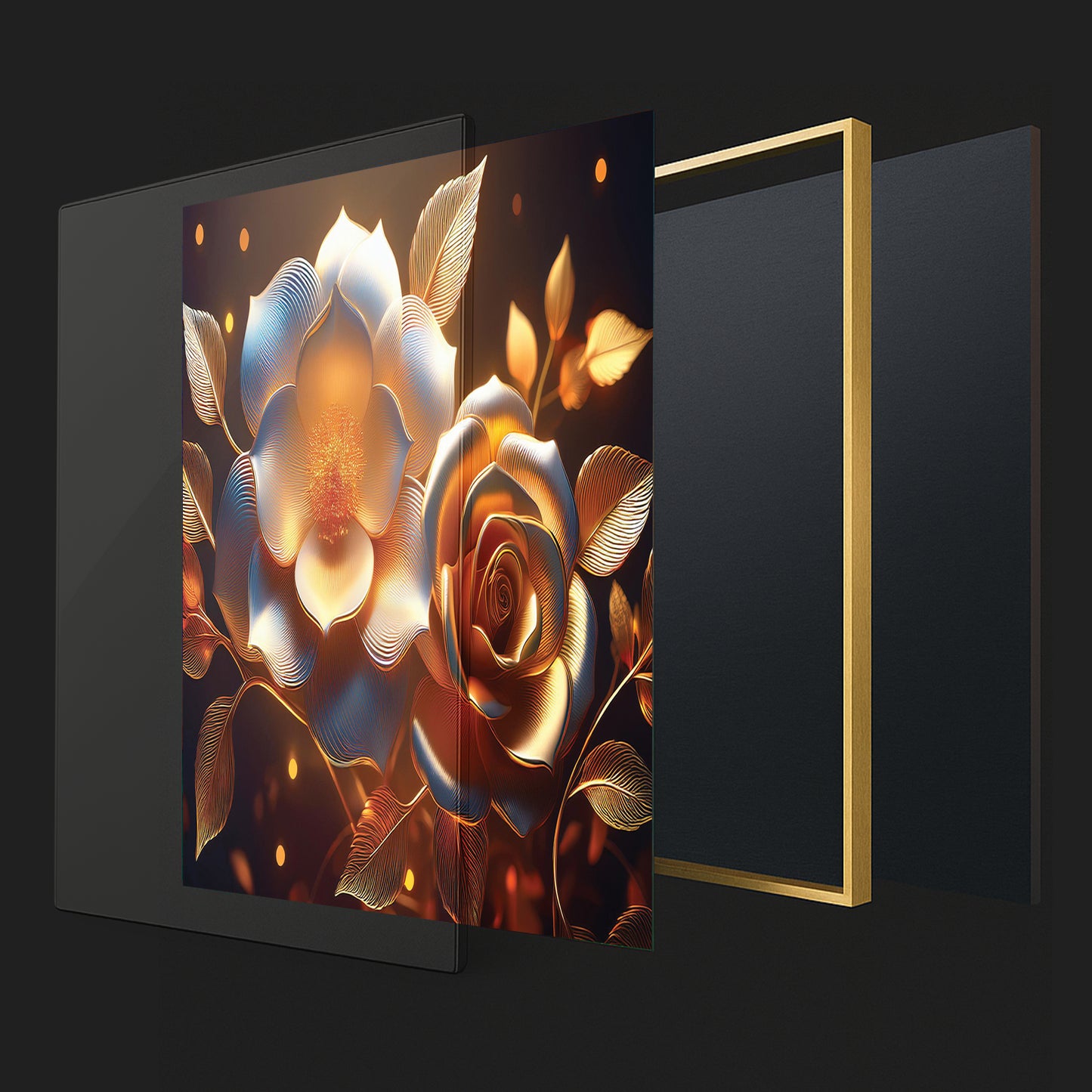 Golden Rose & Light Bloom Metal Framed Wall Art – Radiant Luxury Design