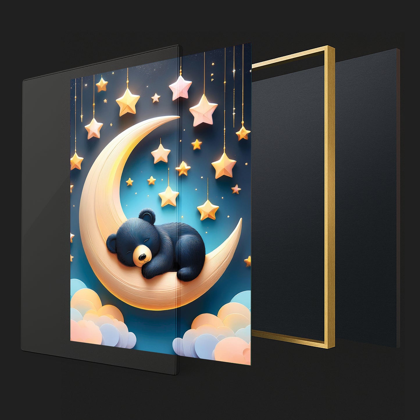 Sleeping Black Bear on Crescent Moon β Dreamy Nursery Wall Art