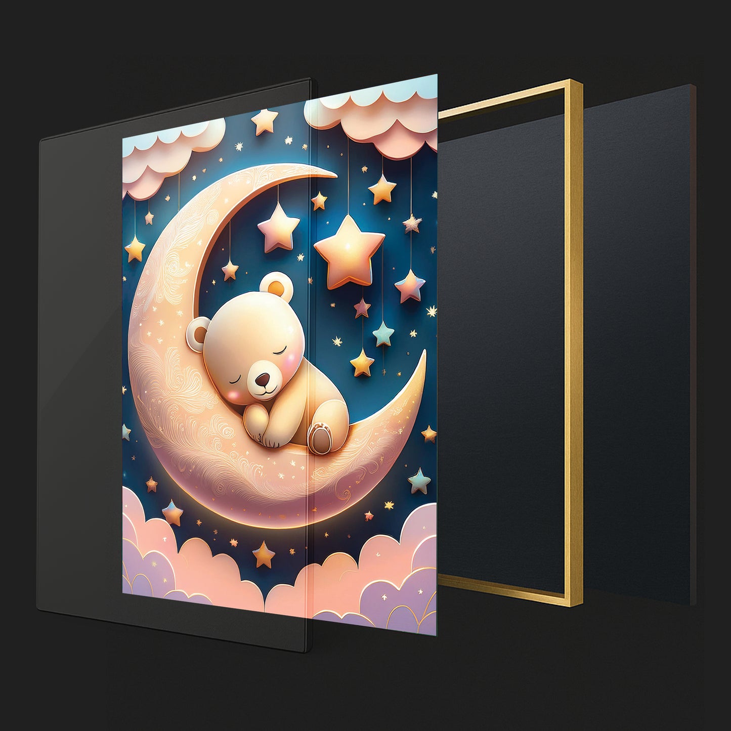 Golden Moon & Sleeping Brown Bear β Gentle Night Sky Wall Art for Nursery Decor