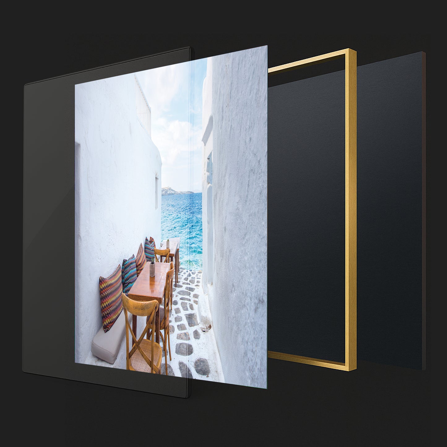 Mykonos Seaside Cafe – Greek Island Alleyway Wall Art, Coastal Dining View