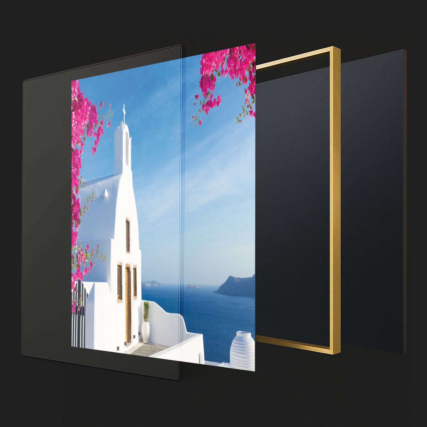 Santorini Cliffside Chapel Wall Art – Aegean Sea View with Bougainvillea Blossoms