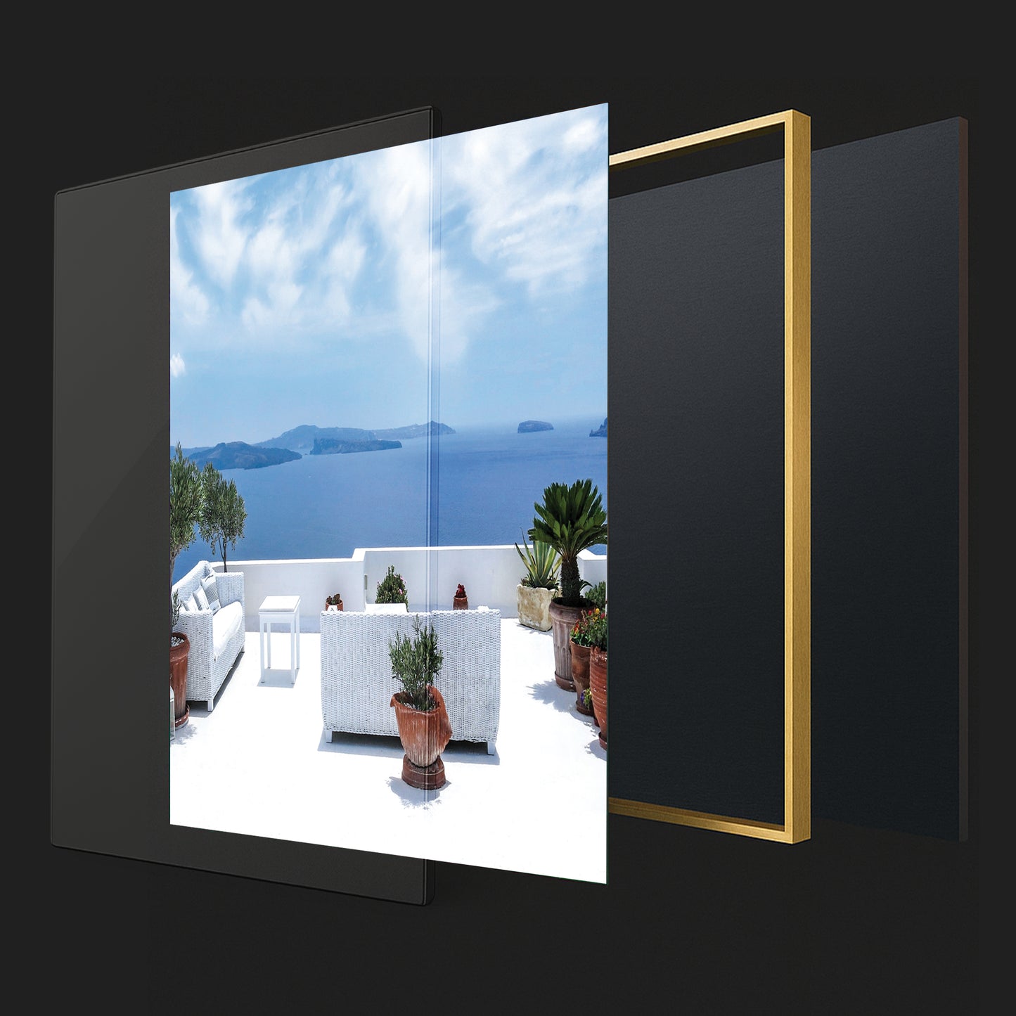 Santorini Serenity β White Balcony Wall Art, Aegean Sea View, Luxury Travel Decor