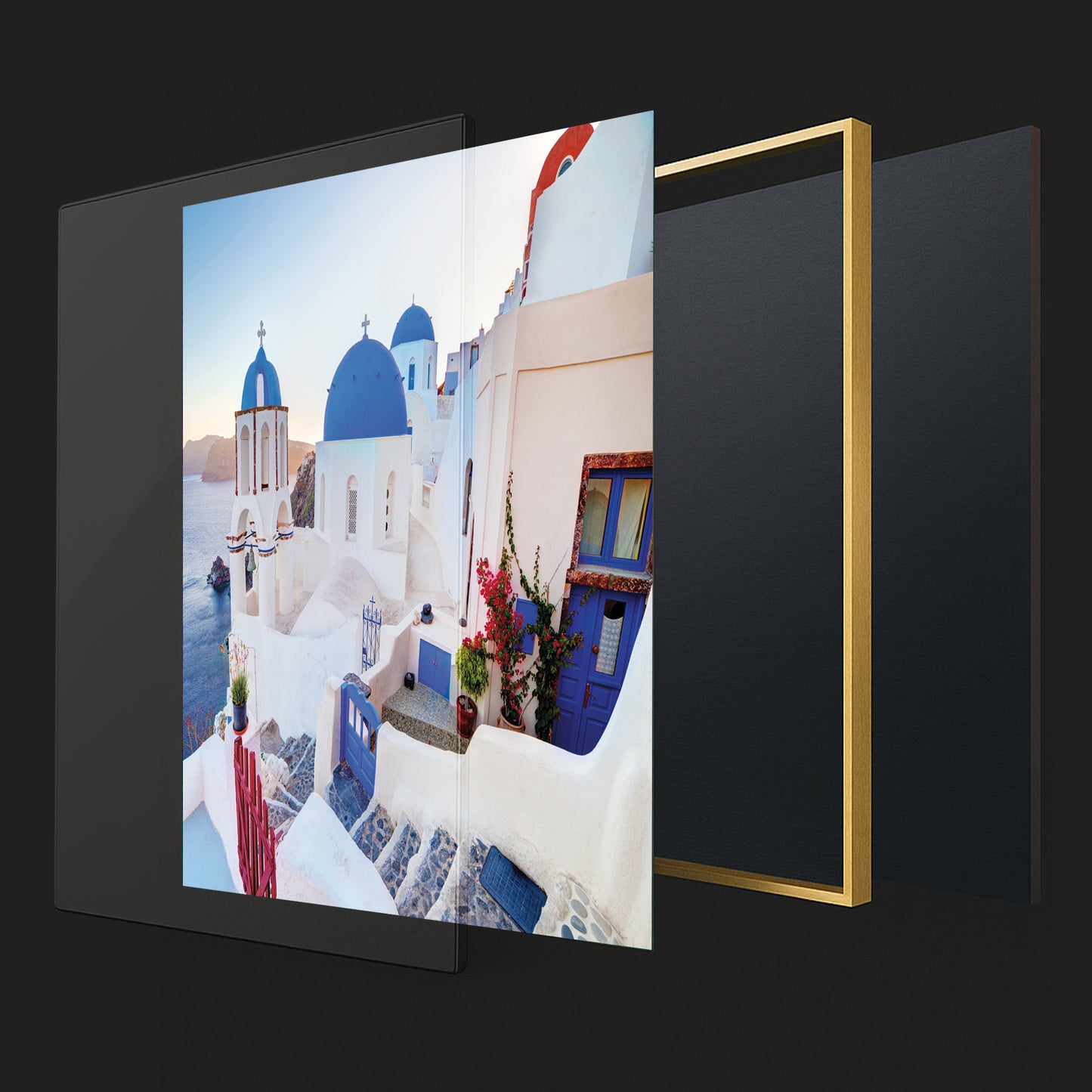 Oia Sunset View – Santorini Dome Church Wall Art, Greece Blue and White Village Decor