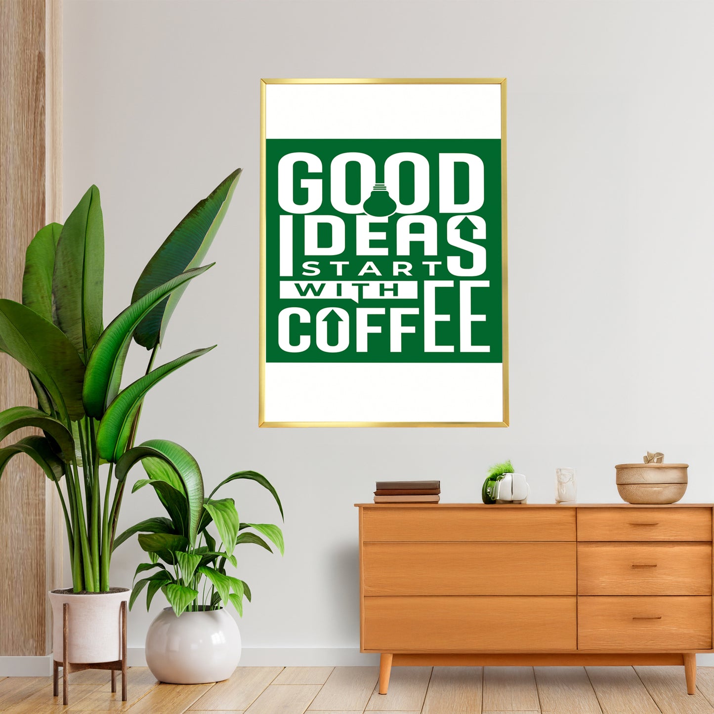 Good Ideas Start with Coffee - Luxury Glass Framed Wall Art (Multiple Colors)