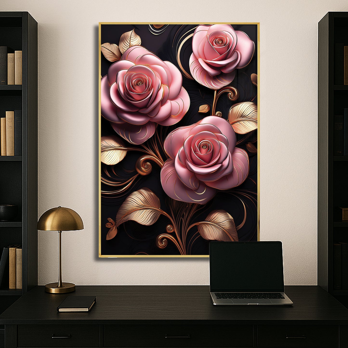 Elegant Light Pink Rose Metal Framed Wall Art – Luxury Floral Design