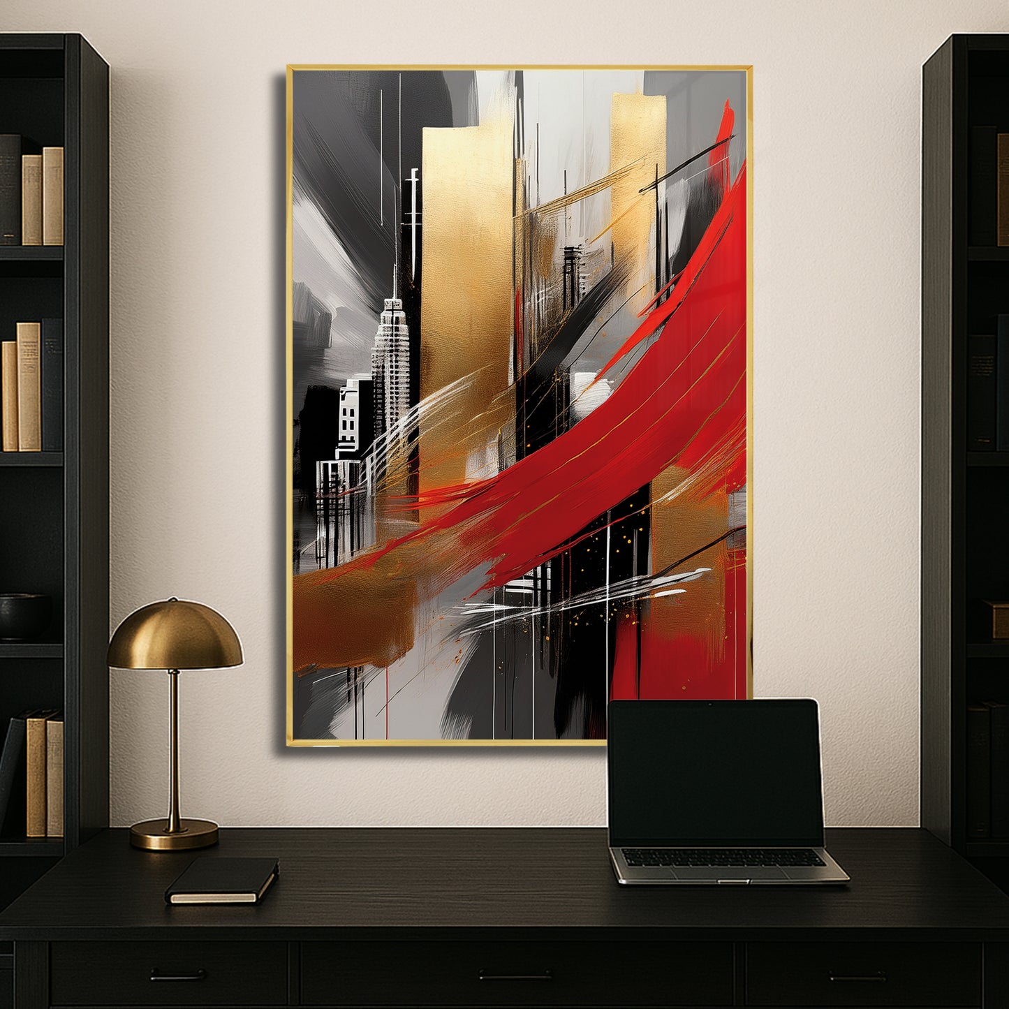 City Abstract Wall Art – Gold and Red Modern Luxury Décor