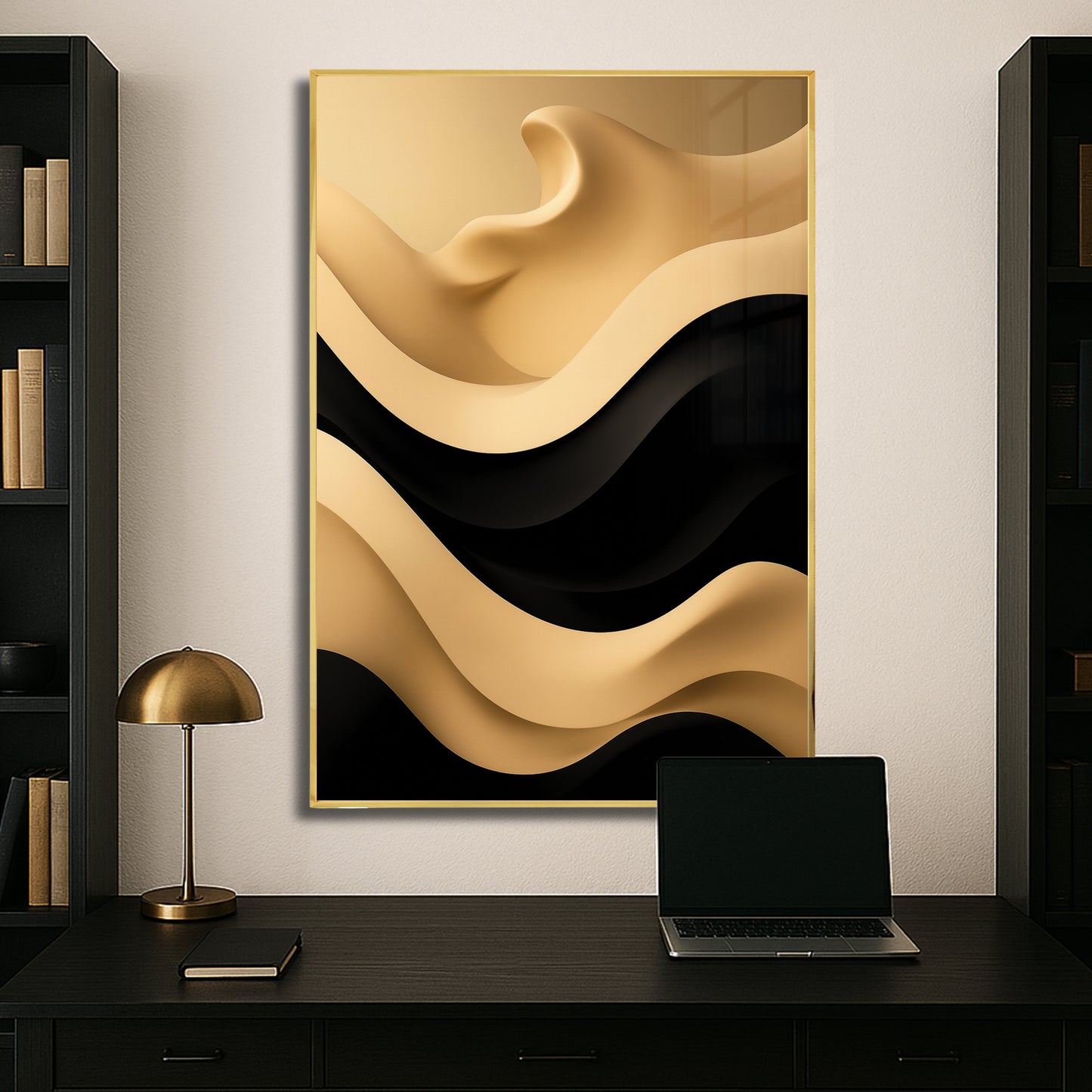Cream and Black Wave Abstract – Minimalist Modern Wall Art