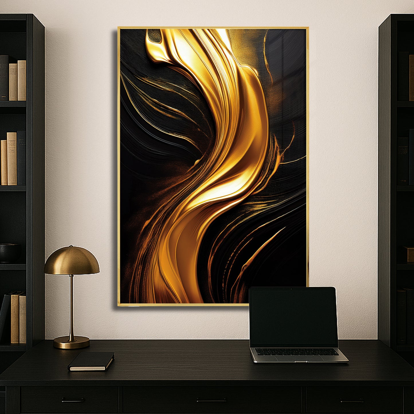 Golden Flow Abstract Wall Art – Luxury Black and Gold Décor