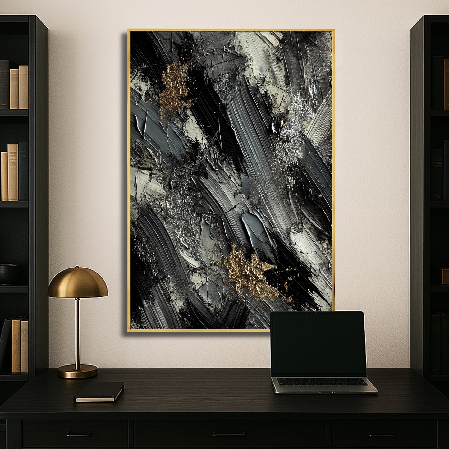 Monochrome Elegance with Metallic Highlights – Abstract Wall Art