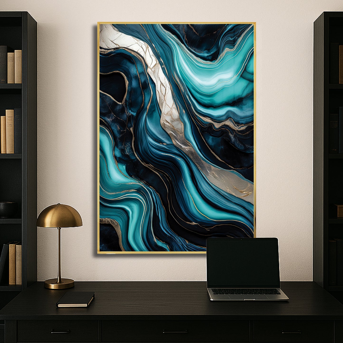 Turquoise & Gold Marble Flow – Abstract Luxury Wall Art