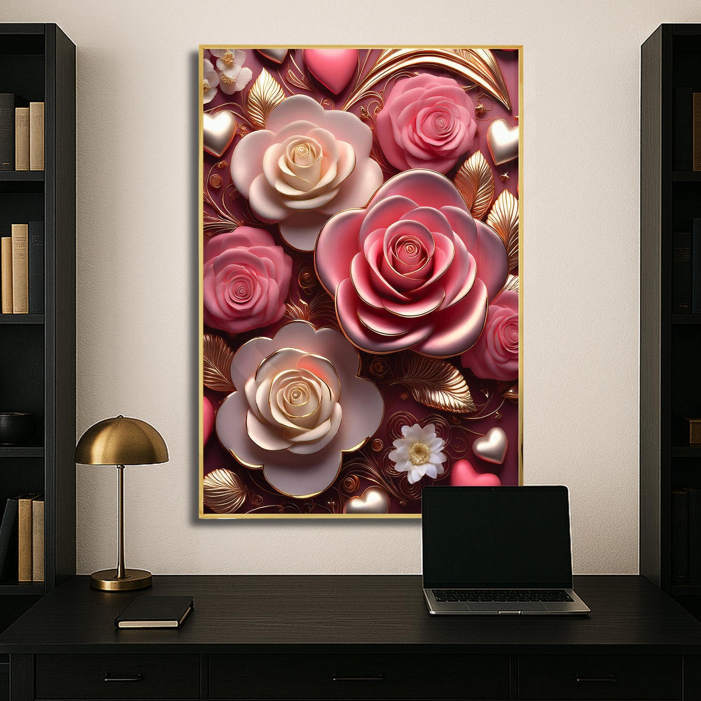 Romantic Pink & White Rose Metal Framed Wall Art – Luxury Floral Design